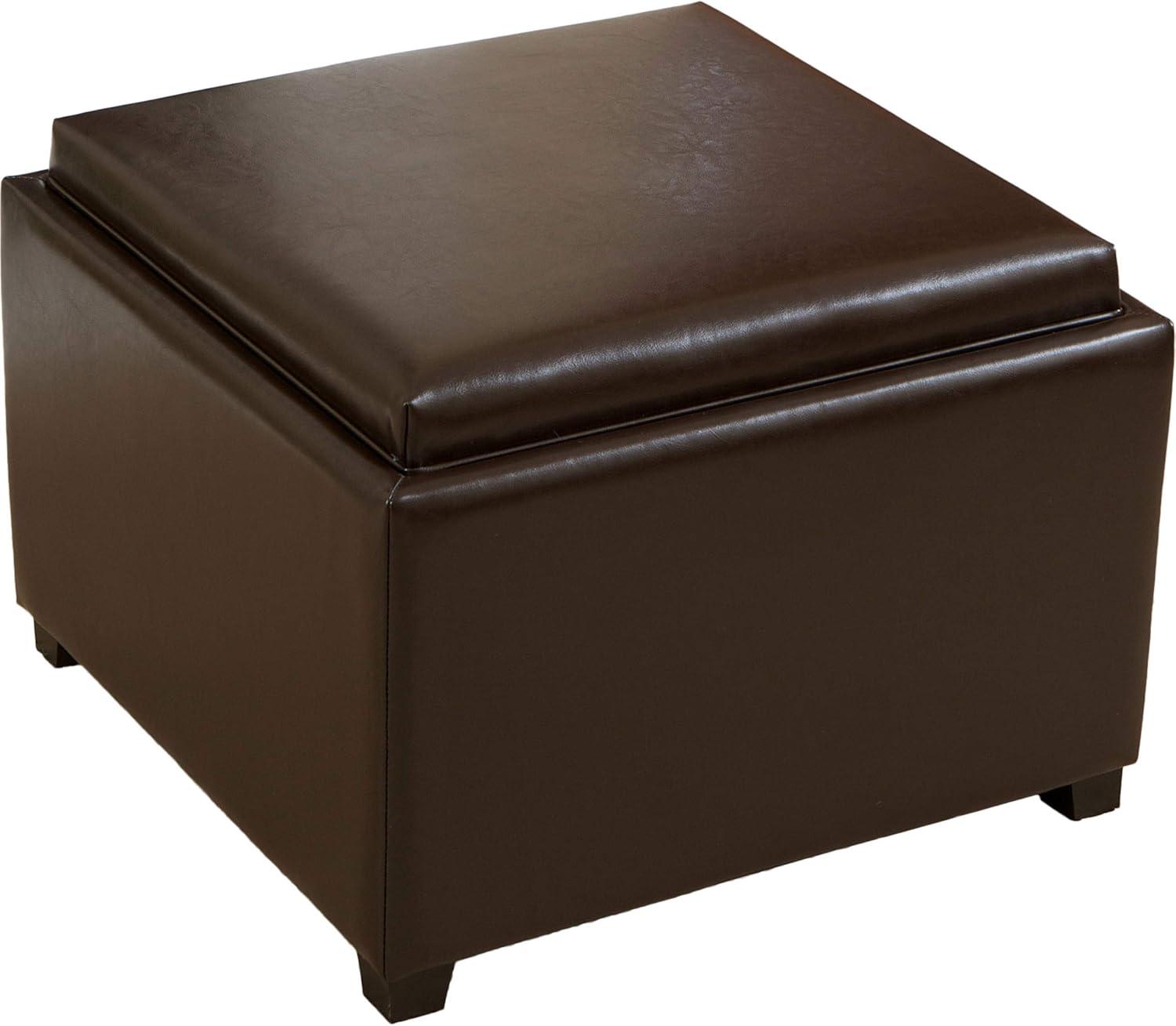 Wellington Leather Tray Top Storage Ottoman Brown - Christopher Knight Home: Footstool, Hardwood Frame