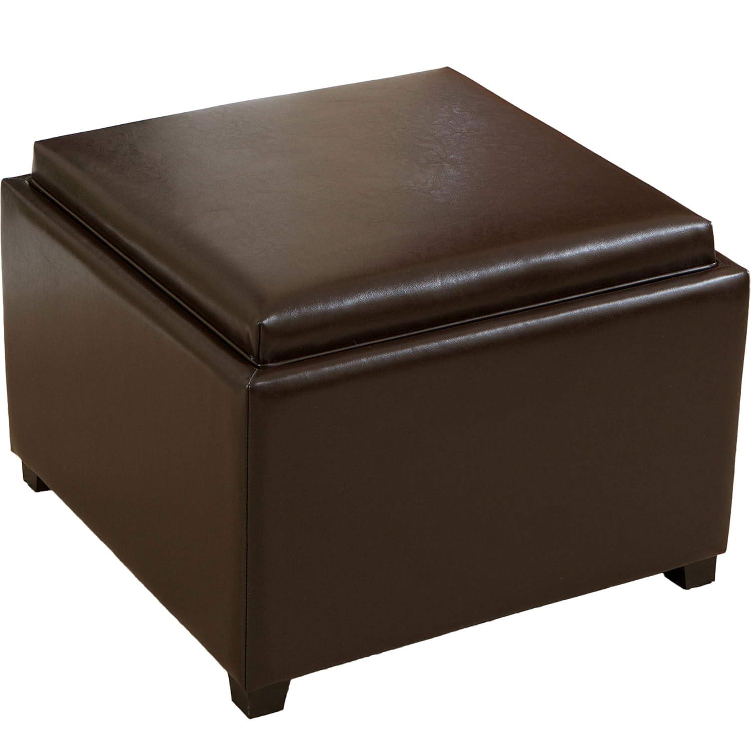 Wellington Leather Tray Top Storage Ottoman Brown - Christopher Knight Home: Footstool, Hardwood Frame
