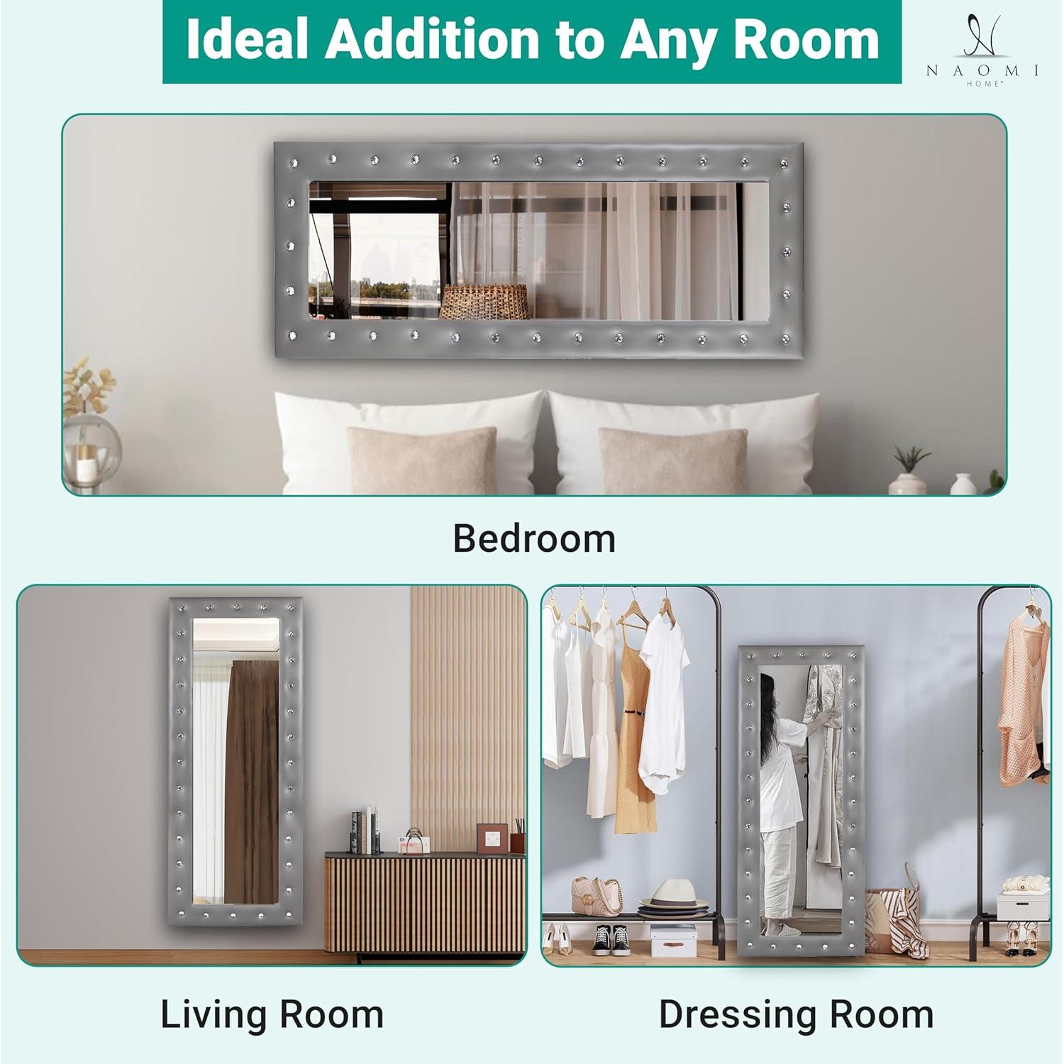 Naomi Home Crystal Tufted Floor Mirror Full Length, 63" LX22 W Wall Mirror, Standing Mirror,Wall Mirror with Faux Wood Frame, Full Length Mirrors for Bedroom - Gray
