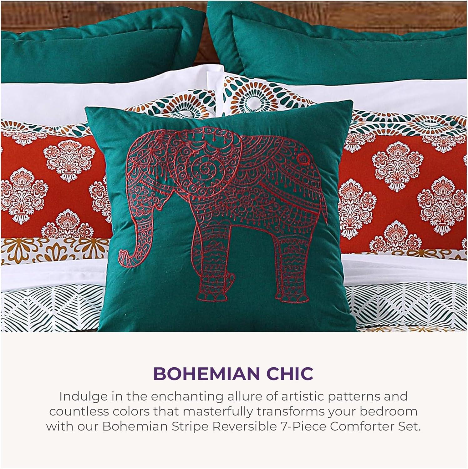 Bohemian Stripe Reversible Comforter Set Turquoise/Orange - Lush Décor