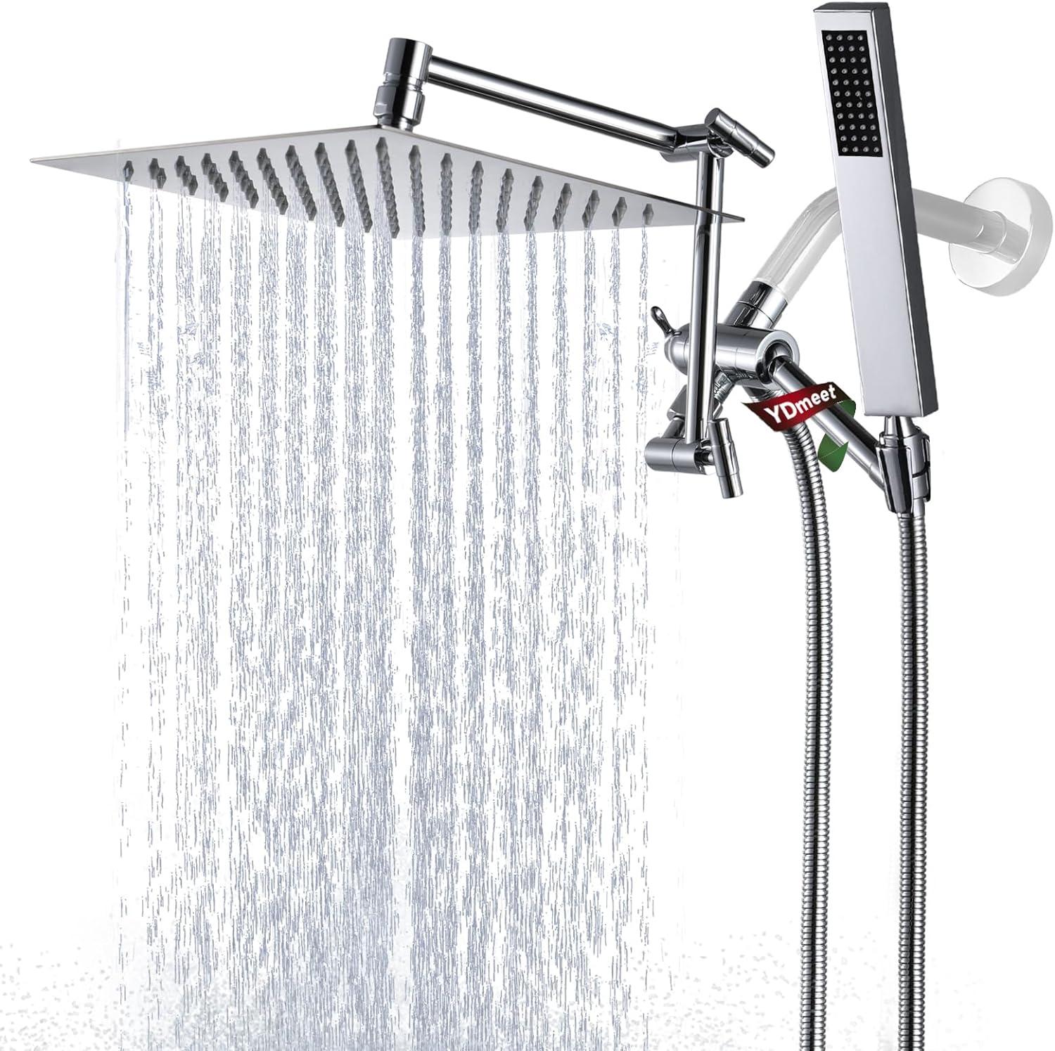 Chrome Adjustable Rain Shower Head with Handheld and Extension Arm