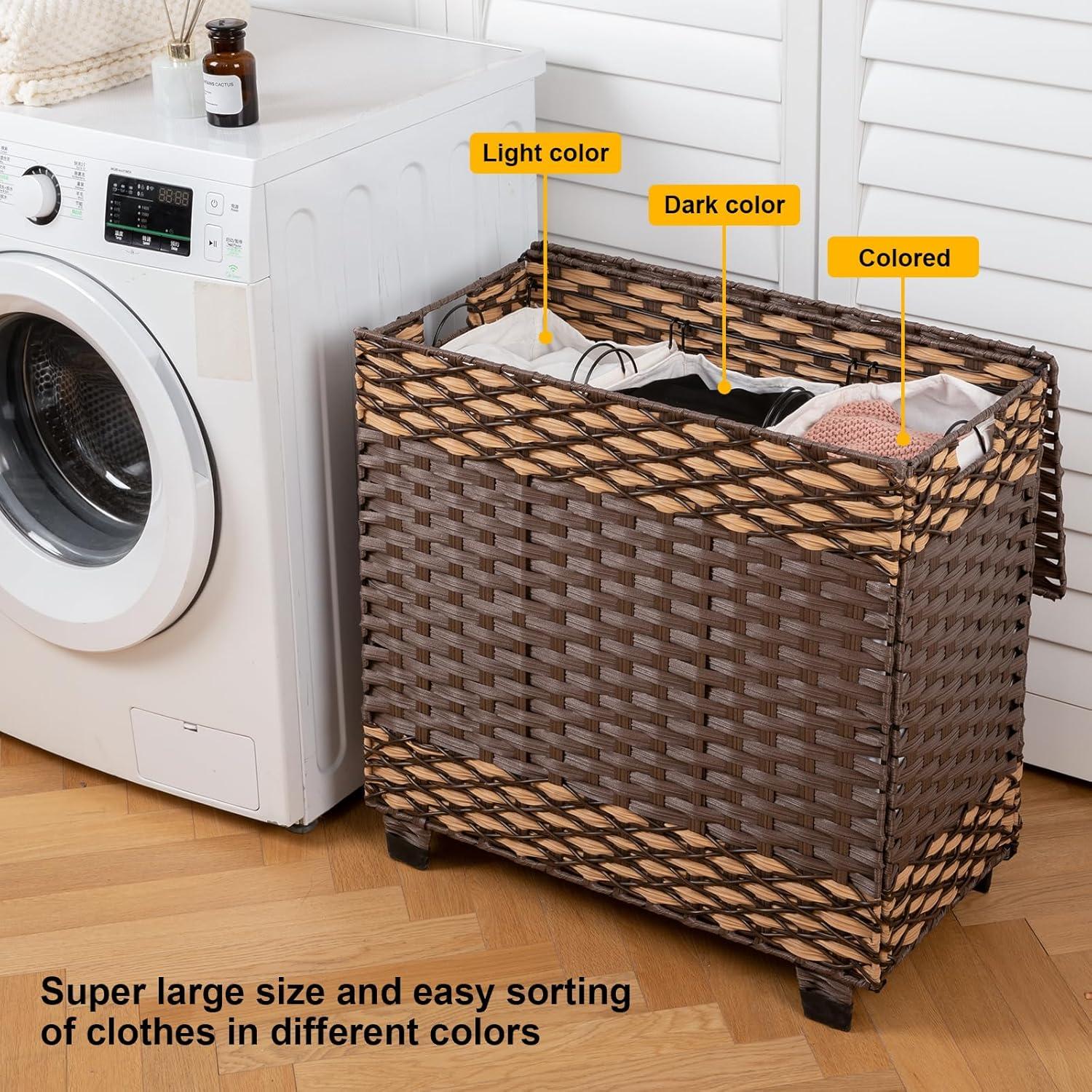 OIAHOMY Laundry Hamper with Lid, 140L Clothes Hamper with 3 Removable Liner Bags, Foldable Basket with Lid, Synthetic Wicker Laundry Basket for Bedroom, 27x 13 x 26 Inches, Brown