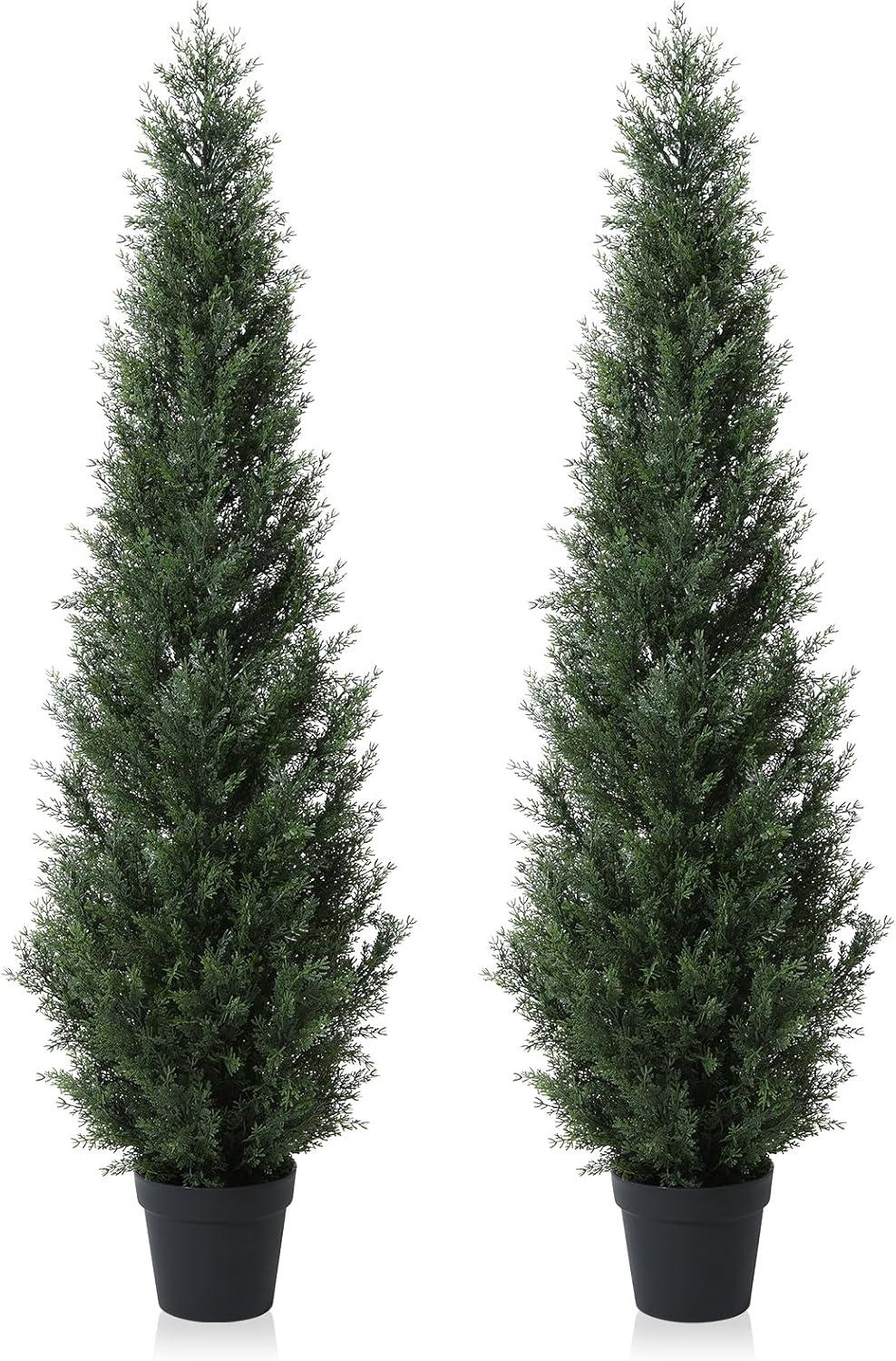 2 Pack 5 ft Artificial Cedar Tree UV Rated , Artificial Christmas Topiary Tree, Pre-Potted Plants for Indoor Outdoor Housewarming Gift Home Decor, DR.Planzen