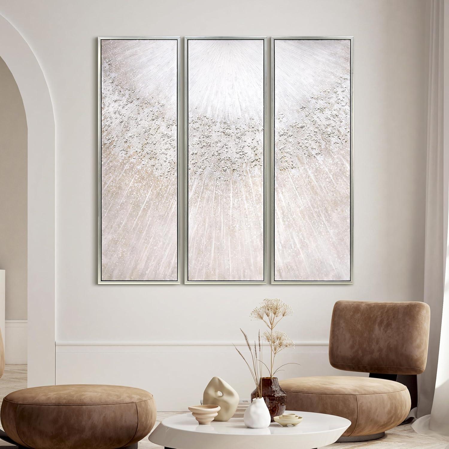 Empire Art Direct Silver Radiant Trio Textured Glitter Hand Painted Framed Canvas Wall Art with Silver Leaf