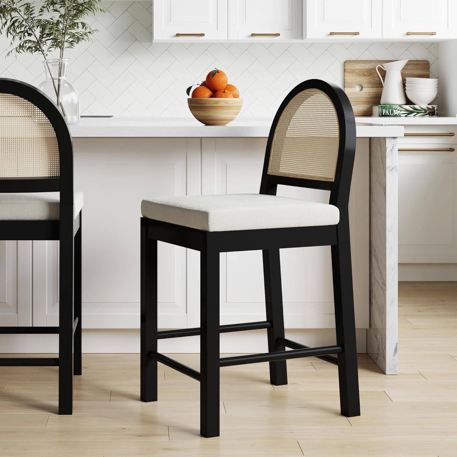 Nathan James Bailey Curved Back Counter Height Barstool Black Wood Oak Rattan Cream Boucle: Elegant 24in Seat, Rubberwood Frame