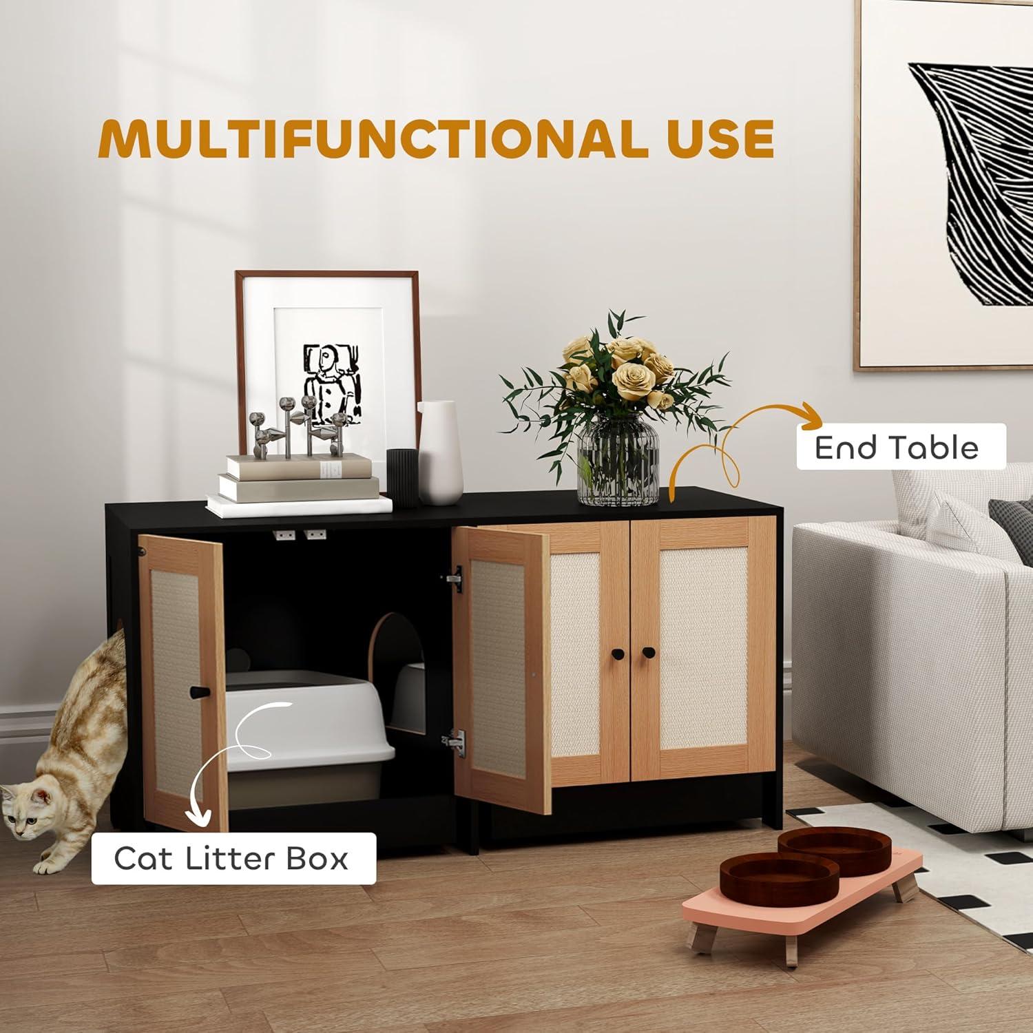 PawHut Cat Litter Box Enclosure, Hidden Litter Box Furniture for 2 Cats with 2 Cabinets, Scratching Mats & Trays, Black