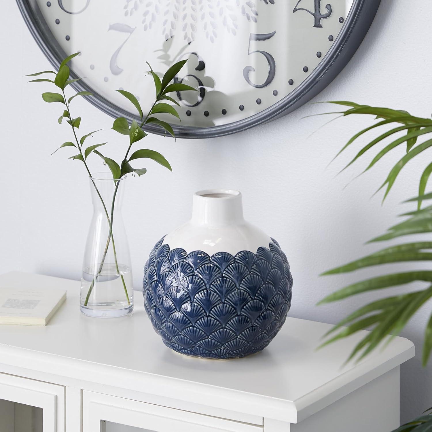 DecMode 9" Blue Ceramic Vase with Shell Designs