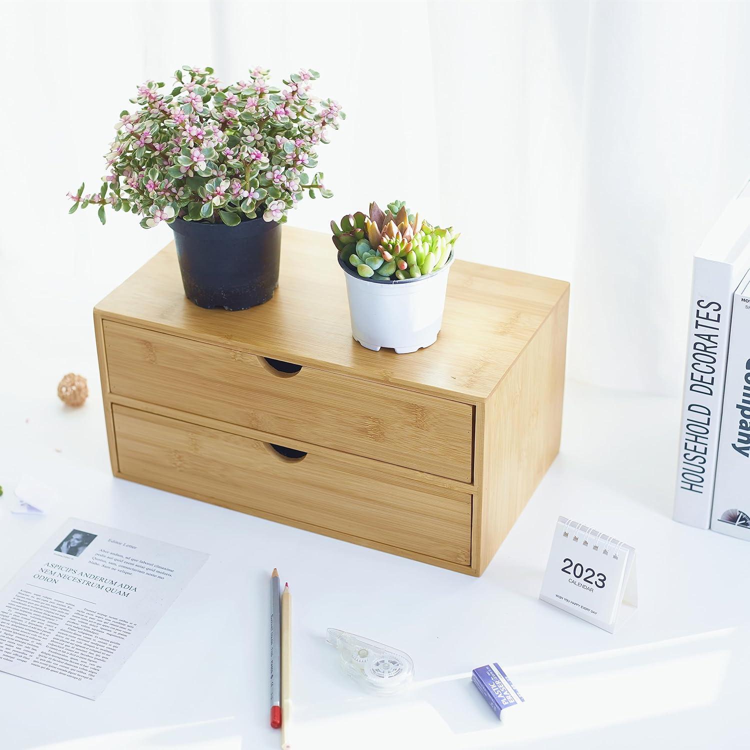 Natural Bamboo 2-Drawer Desk Organizer for Home and Office