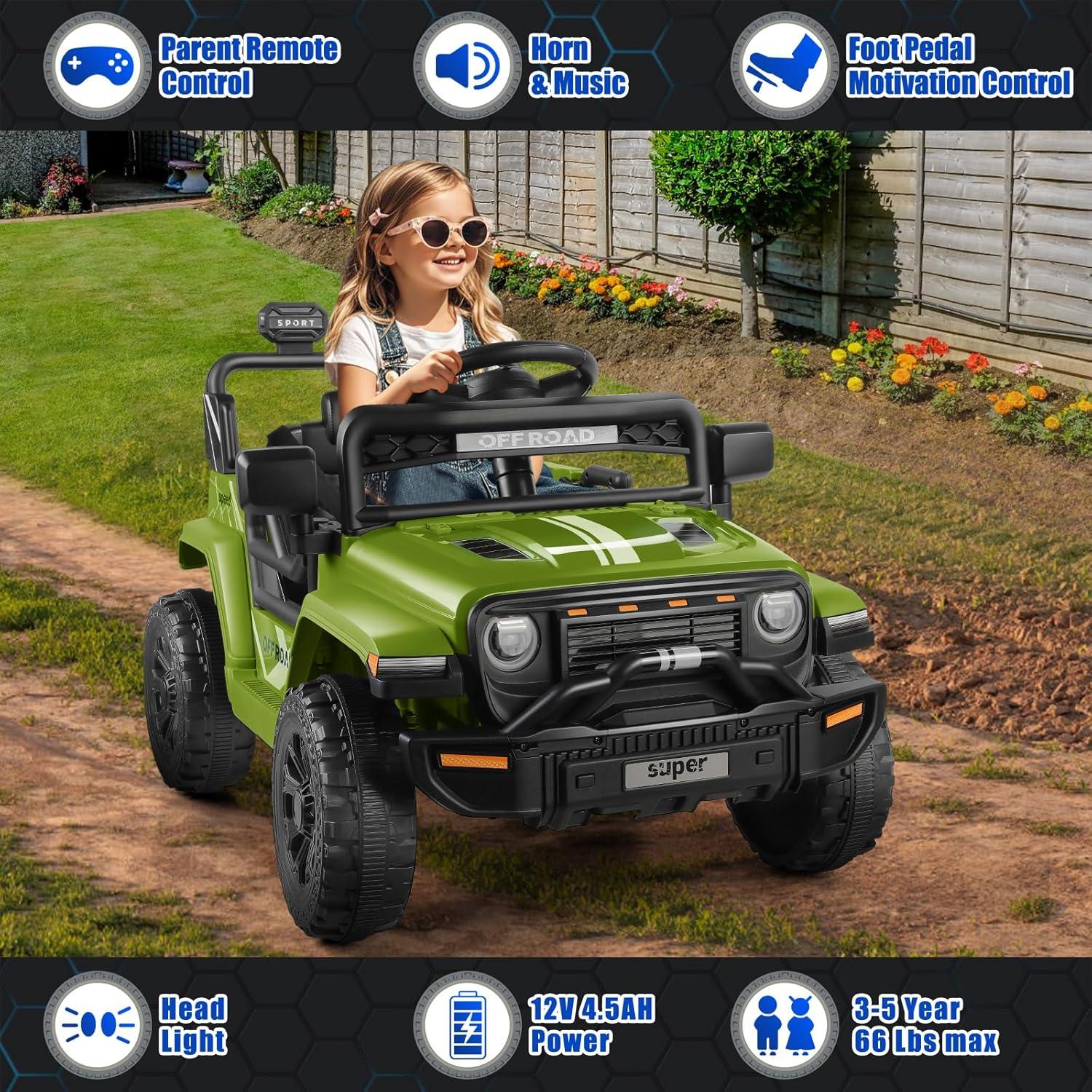 Himimi 12V Ride On Toys For Kids With Remote Control, 1 Seater Kids Electric Car Jeep,LED Lights, Multi-Speed Transmission, MP3 Player