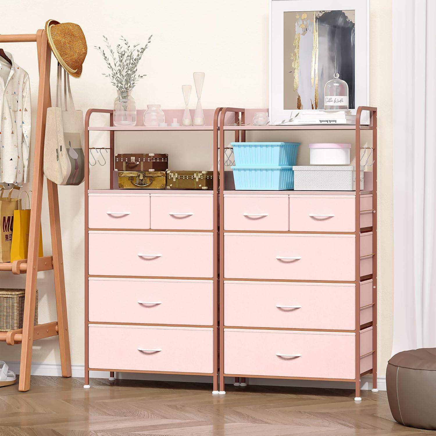 Pink Fabric and MDF Tall Dresser with Open Shelves