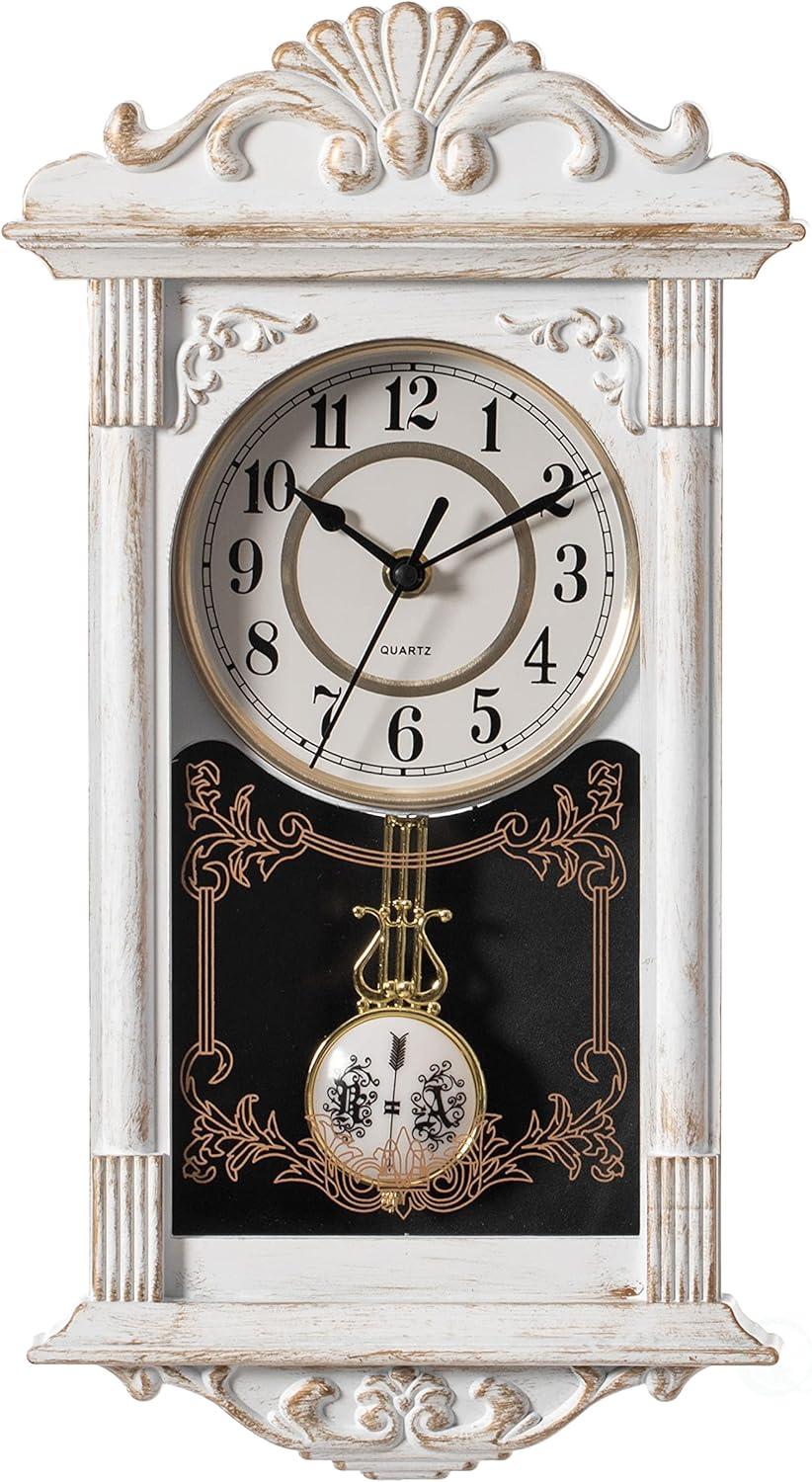 Clockswise Vintage Grandfather Wood-Looking Plastic Pendulum Decorative Battery-Operated Wall Clock