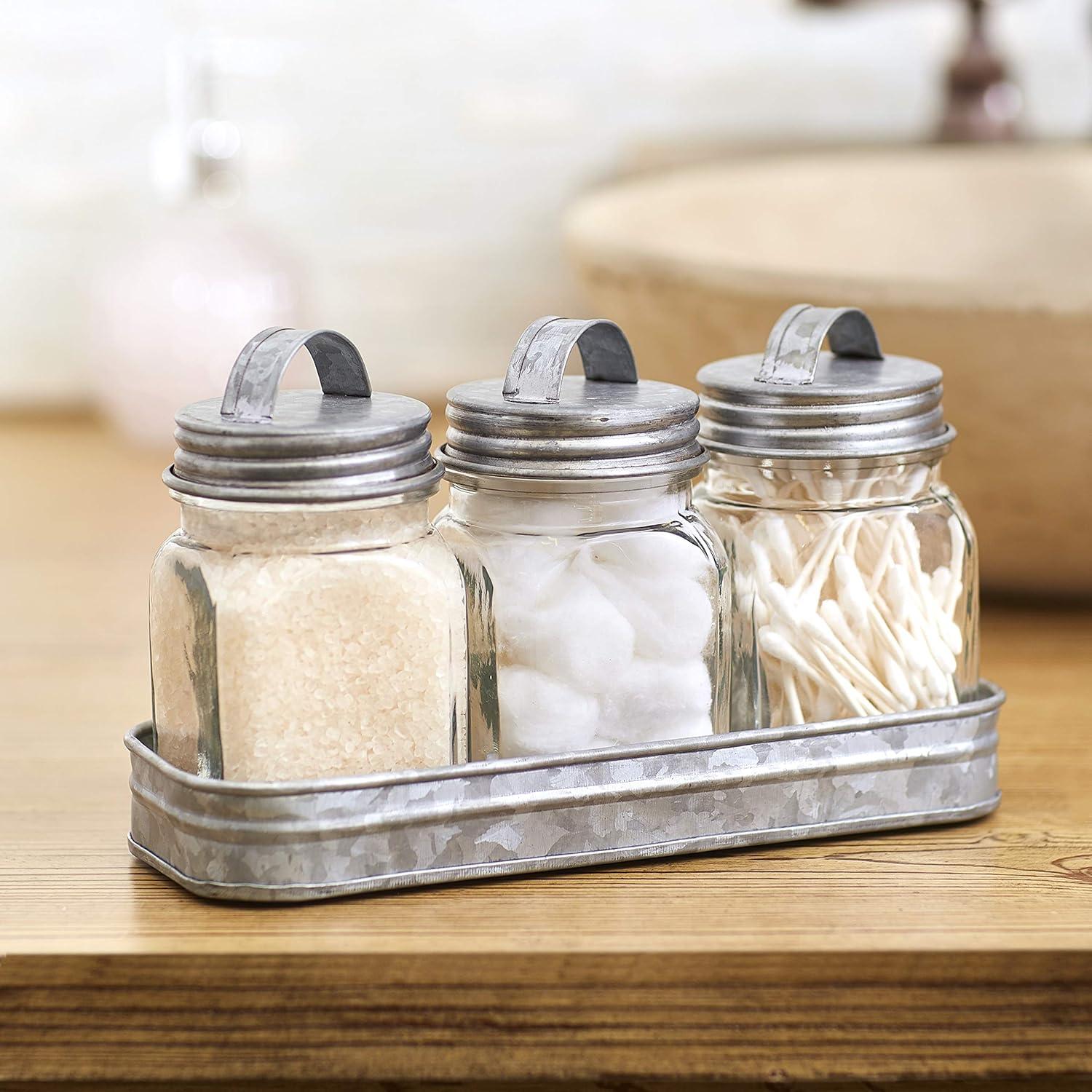 Set of 3 Glass Canisters in Galvanized Tray - Set of 3 Glass Canisters in Tray