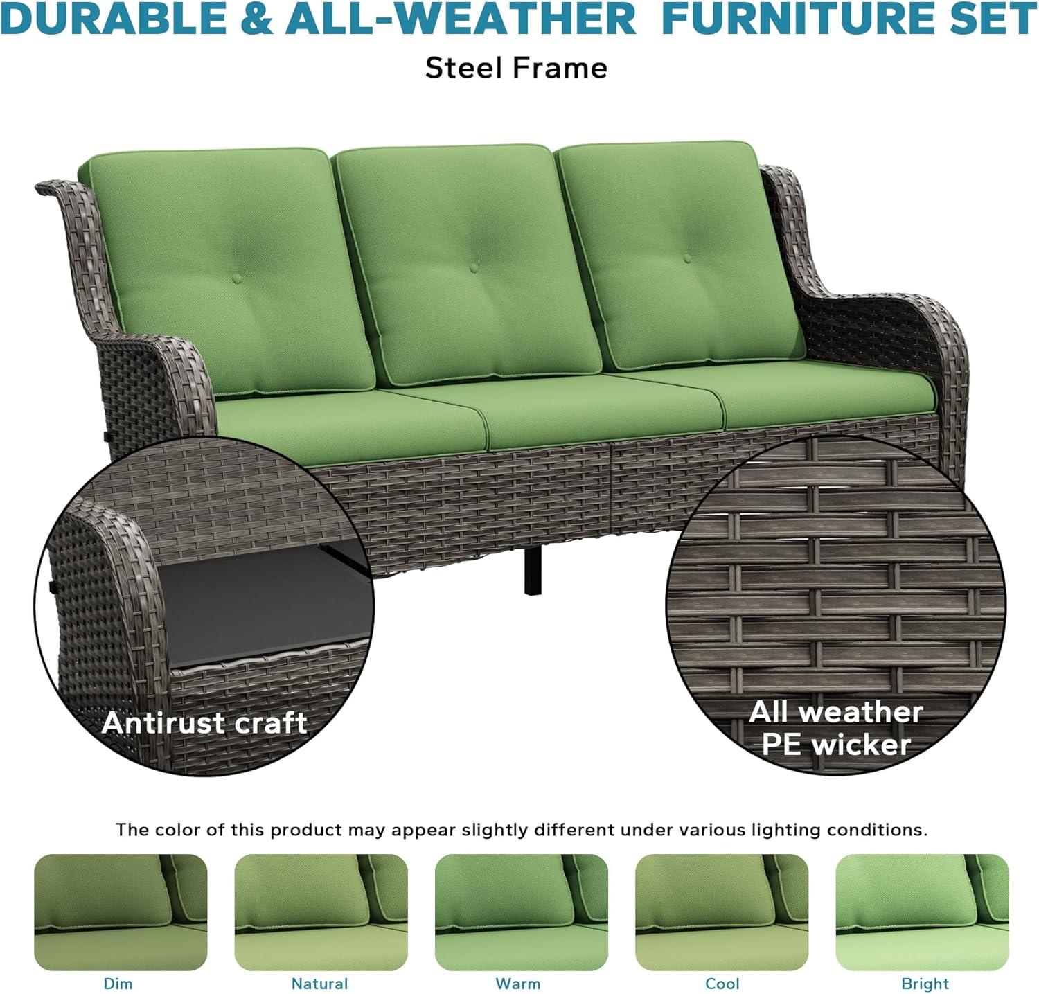 3-Seat Wicker Outdoor Patio Sofa Sectional Couch with Green Cushions