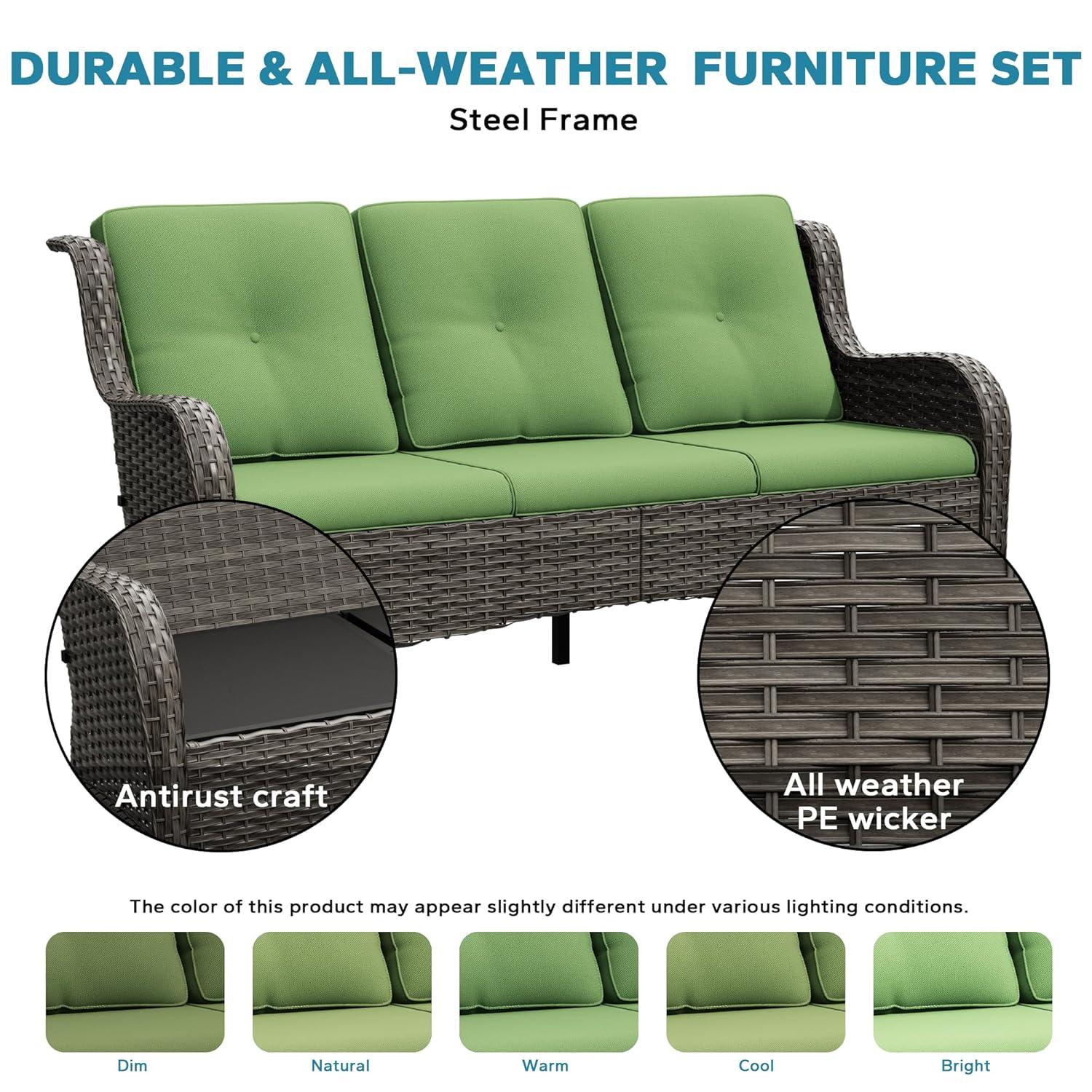 3-Seat Wicker Outdoor Patio Sofa Sectional Couch with Green Cushions