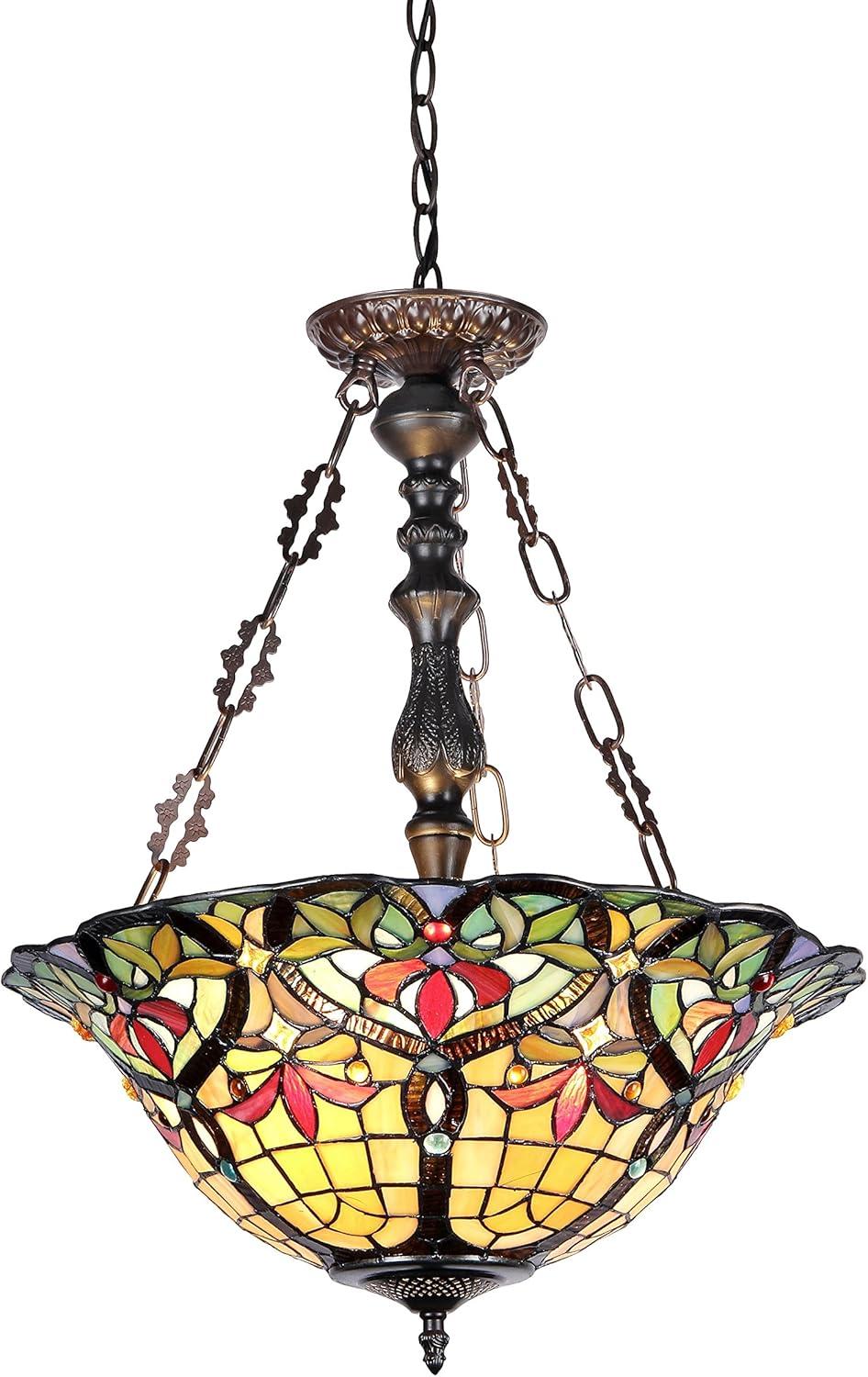 BERTRAM Tiffany-style 3 Light Victorian Inverted Ceiling Pendant 18" Shade