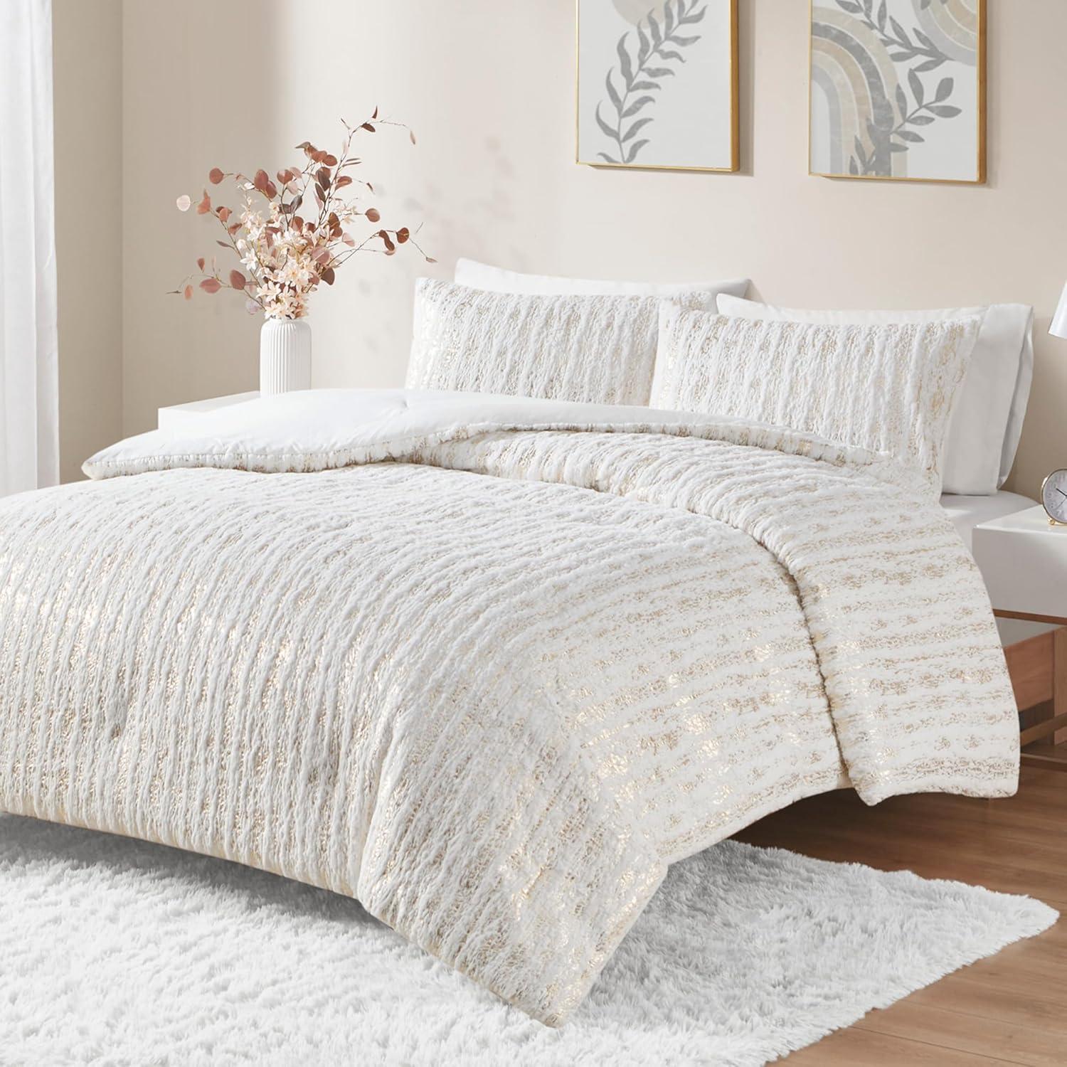 Metallic Print Faux Fur Comforter Set