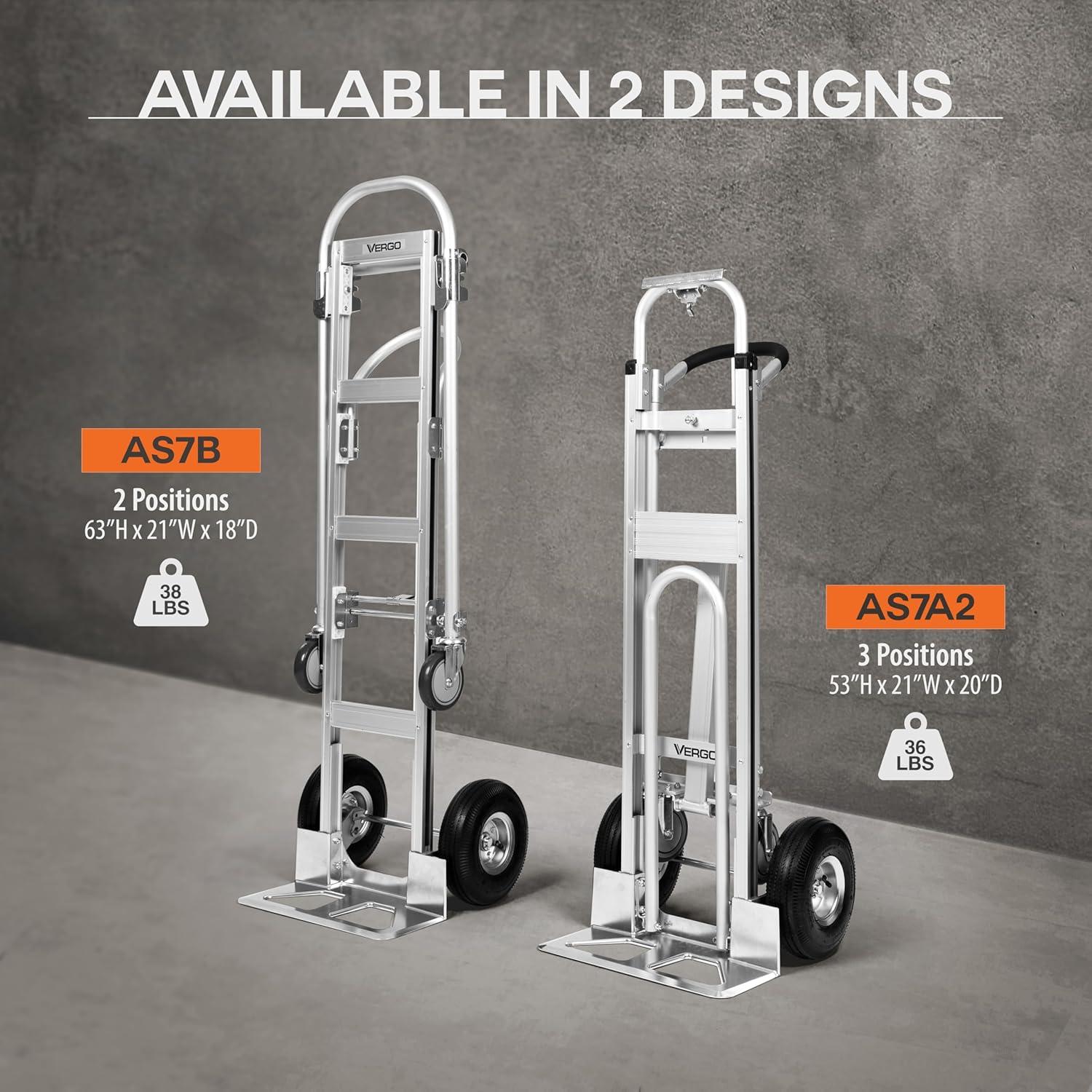 Vergo Industrial AS7B Aluminum Convertible Hand Truck Dolly Cart with Loop Handle 800 lbs Capacity (2 Positions, 63" High)