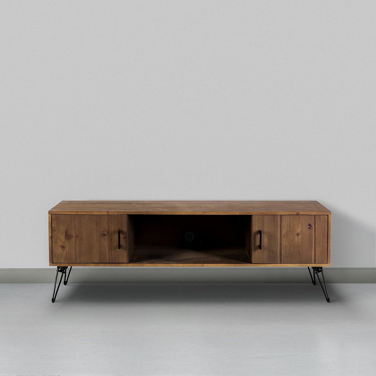 60 Inch Reclaimed Wood Rectangle Farmhouse Tv Stand Media Console, 2 Doors, Iron Legs, Natural Brown