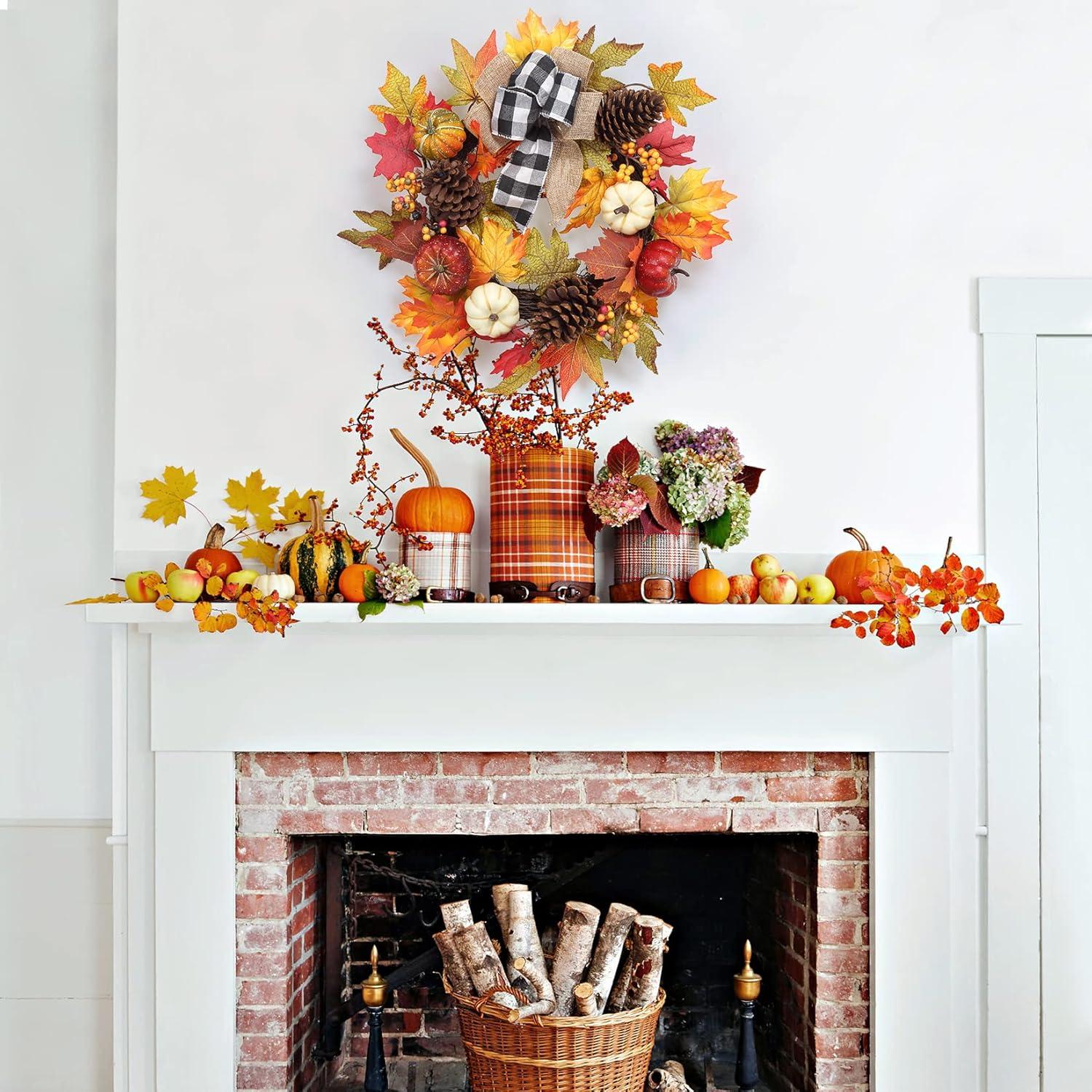 Thanksgiving Wreaths for Front Door,20 Inch Autumn Harvest Wreath with Pumpkin and Maple Leaf Decorations, Perfect for Home Outside Farmhouse Indoor Decor,Black&White Ribbon