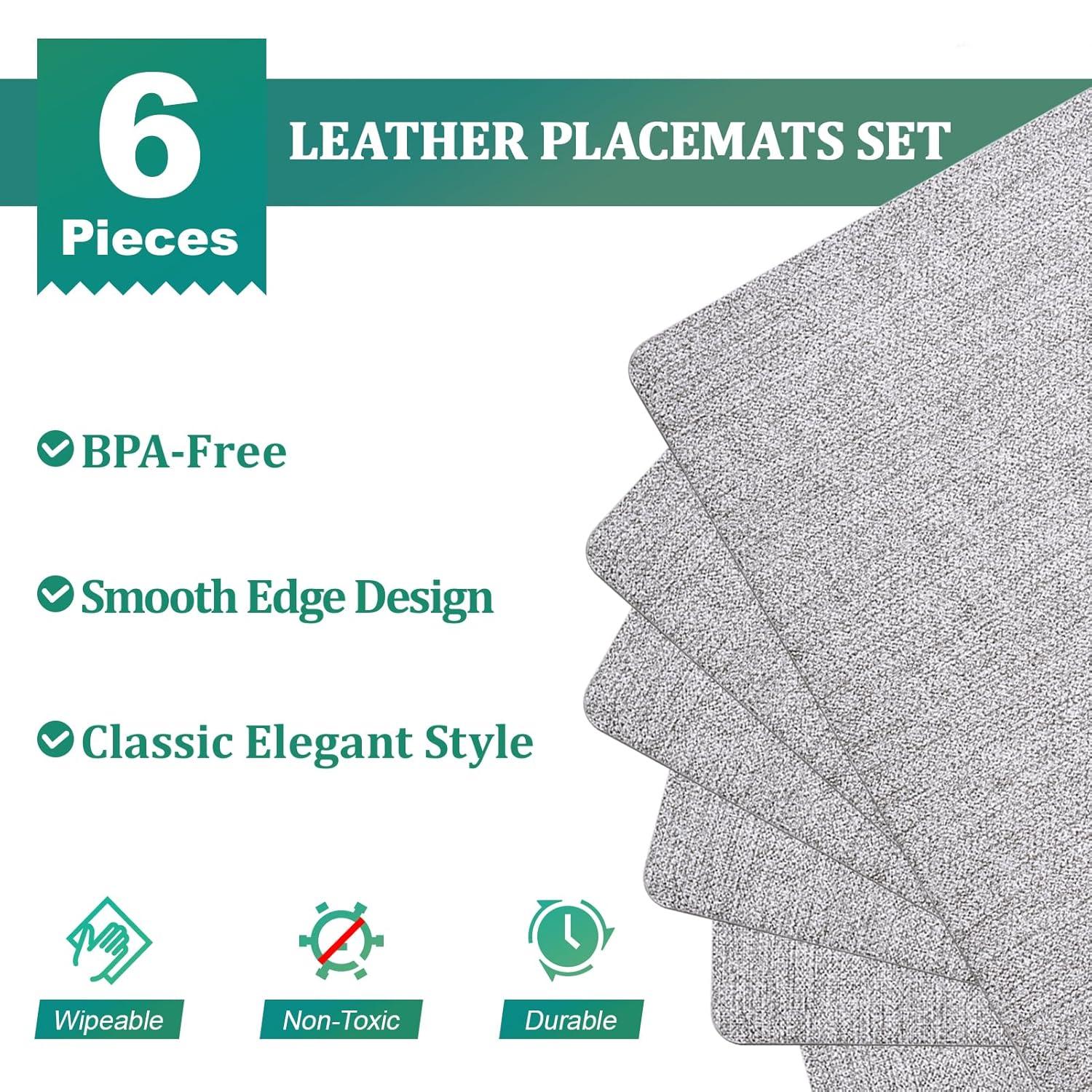 FOCUSLINE Faux Leather Placemats Set of 6, Light Grey Table Place Mats, Waterproof and Non-Slip Dining Table Mats for Indoor & Outdoor Use