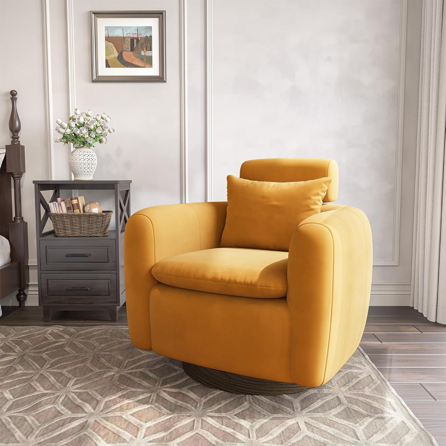 Oversized Camel Brown Velvet Swivel Barrel Accent Chair