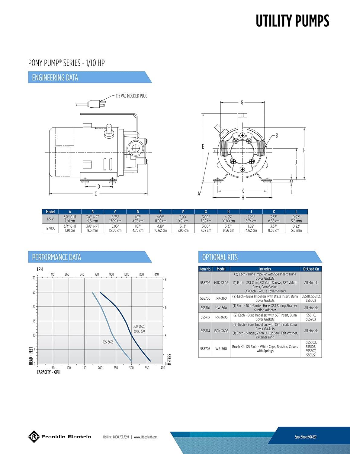 Little Giant 555113, Model 370, Series Pony Pump, Non-Submersible Utility/Transfer Pump, 1/10 HP, 115 Volts, 360 GPH at 1 ft, 6 ft Cord