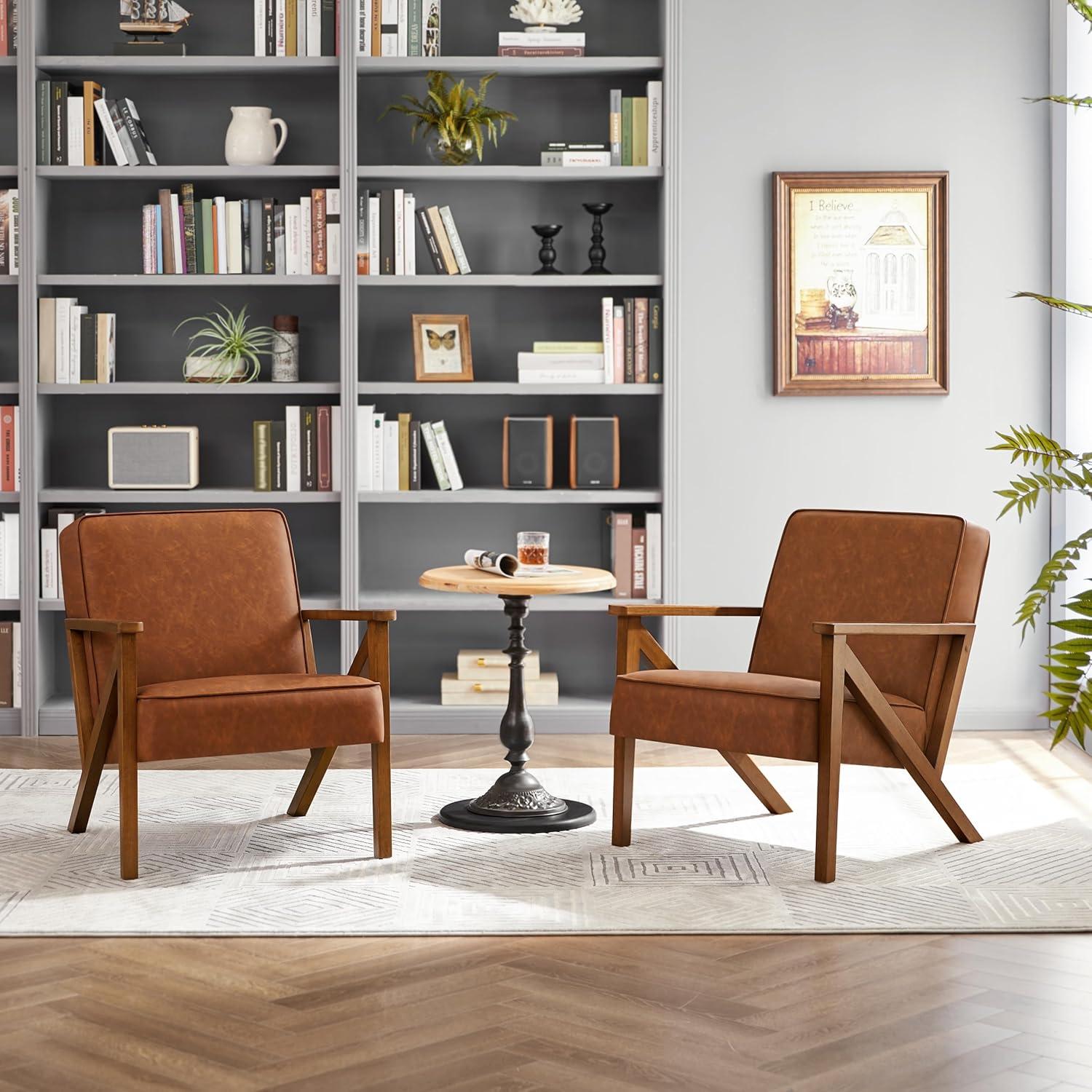 Yaheetech Faux Leather Armchair Accent Chair with Wood Legs for Living Room, Light Brown