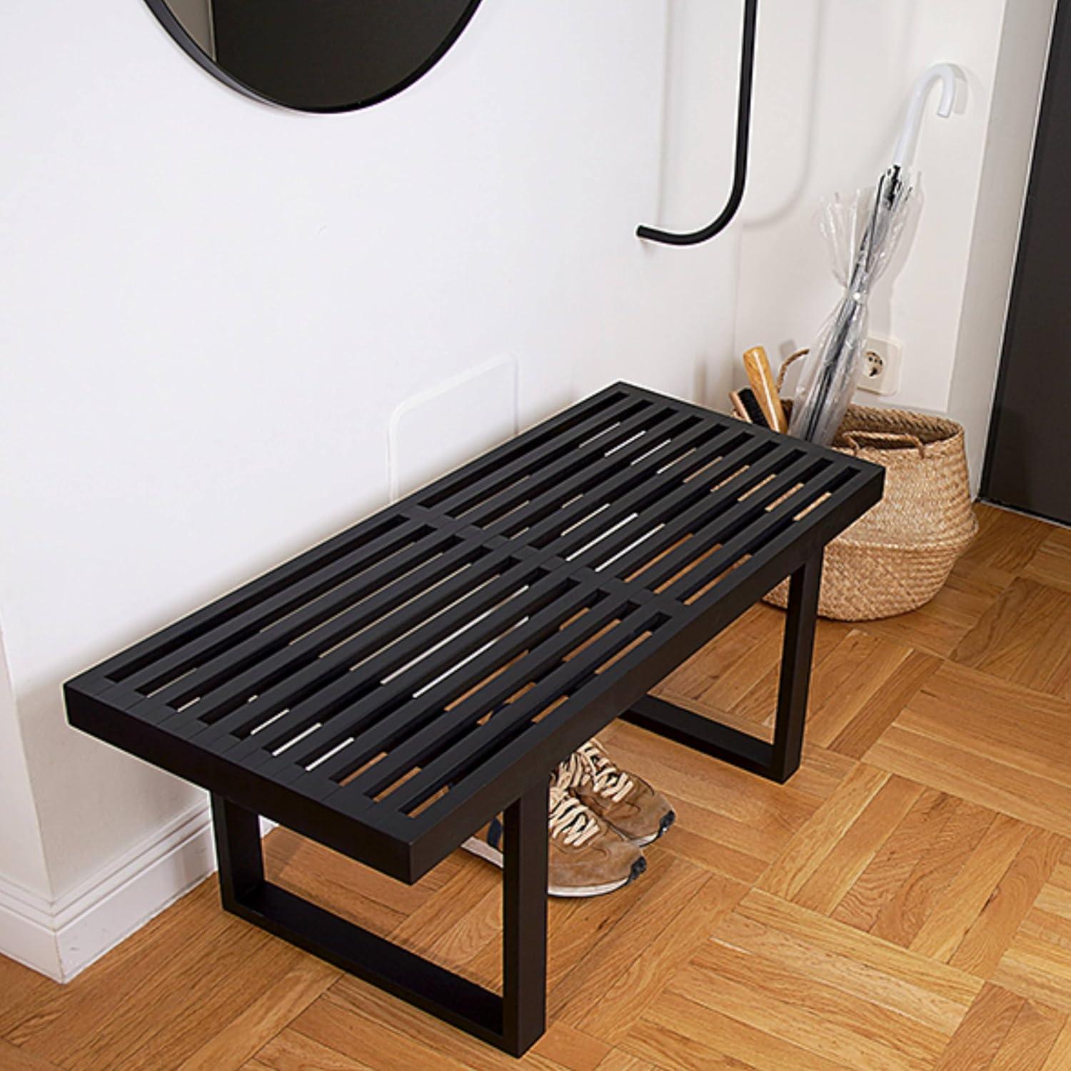 Bamboo Nelson Slat Wooden Bench, Small Wood Benches for Entryway, Living & Dining Room, Kitchen, Bedroom, Bathroom, Hallway, Front Door, For Indoor & Outdoor Patio Use, Mid Century Modern Decor