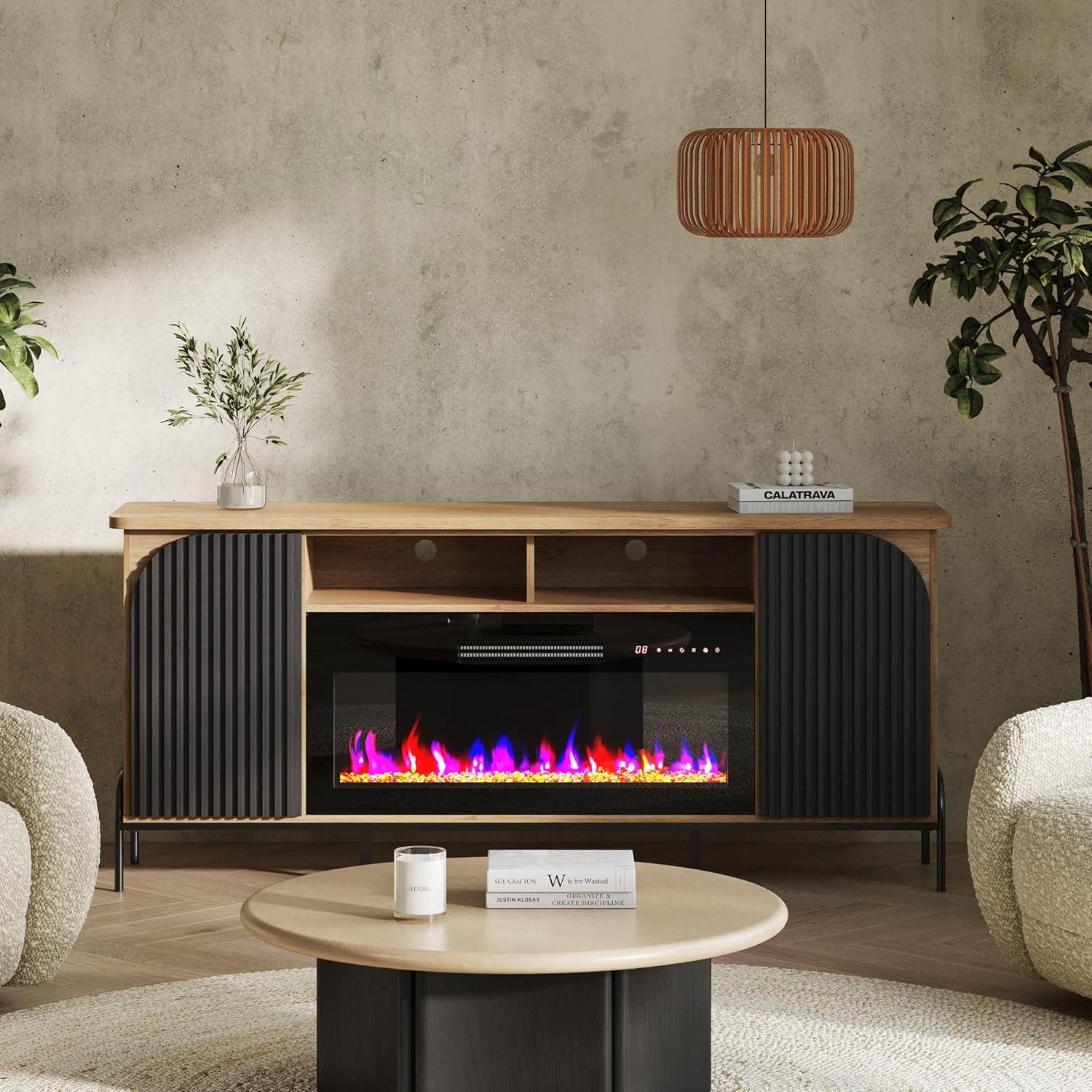 Belleze 68" Fluted TV Stand with 36" Electric Fireplace, Modern Entertainment Center with Storage for TVs Up to 75", Media Console with Curved Panel & Door