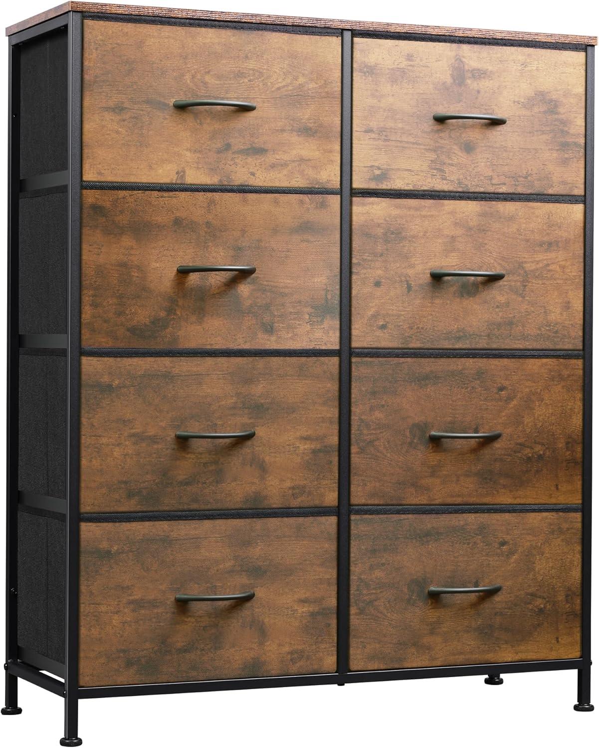 Tall Fabric Dresser with 8 Drawers, Storage Tower with Fabric Bins, Double Dresser, Chest of Drawers for Closet, Bedroom, Living Room, Hallway, Dorm, Rustic Brown Wood Grain Print