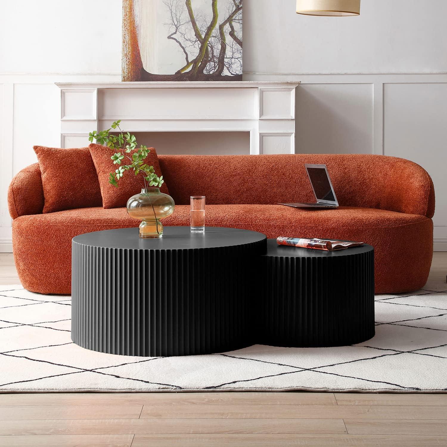 WILLIAMSPACE Nesting Coffee Table Set of 2, Matte Black Round Wooden Coffee Tables, Modern Luxury Side Tables Accent End Table for Living Room Apartment