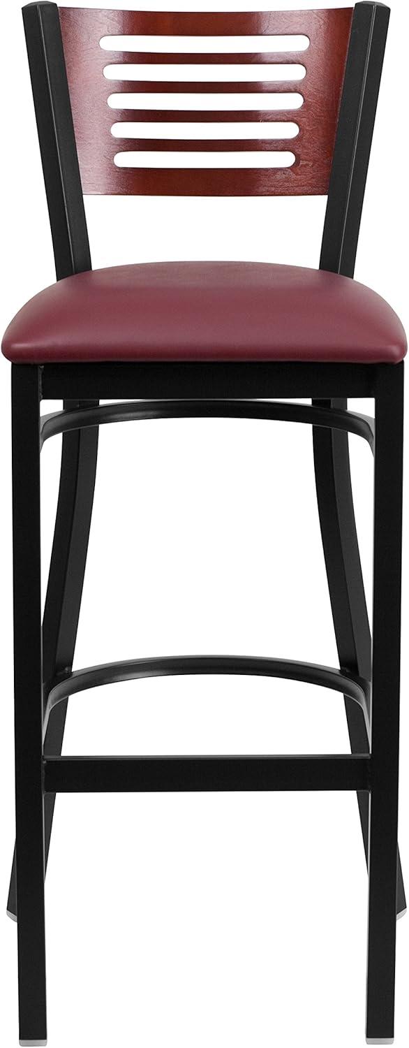 Flash Furniture HERCULES Series Black Slat Back Metal Restaurant Barstool - Mahogany Wood Back, Burgundy Vinyl Seat