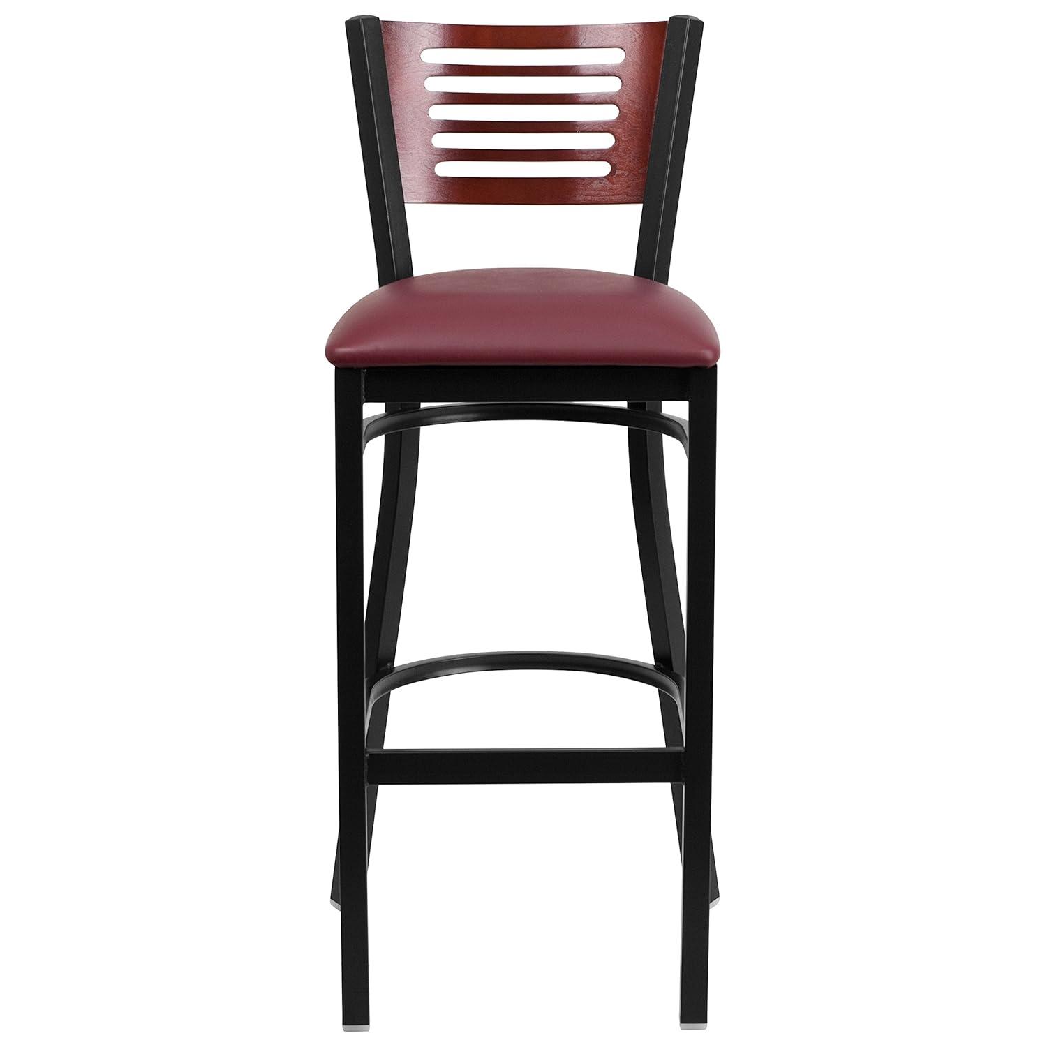 Flash Furniture HERCULES Series Black Slat Back Metal Restaurant Barstool - Mahogany Wood Back, Burgundy Vinyl Seat