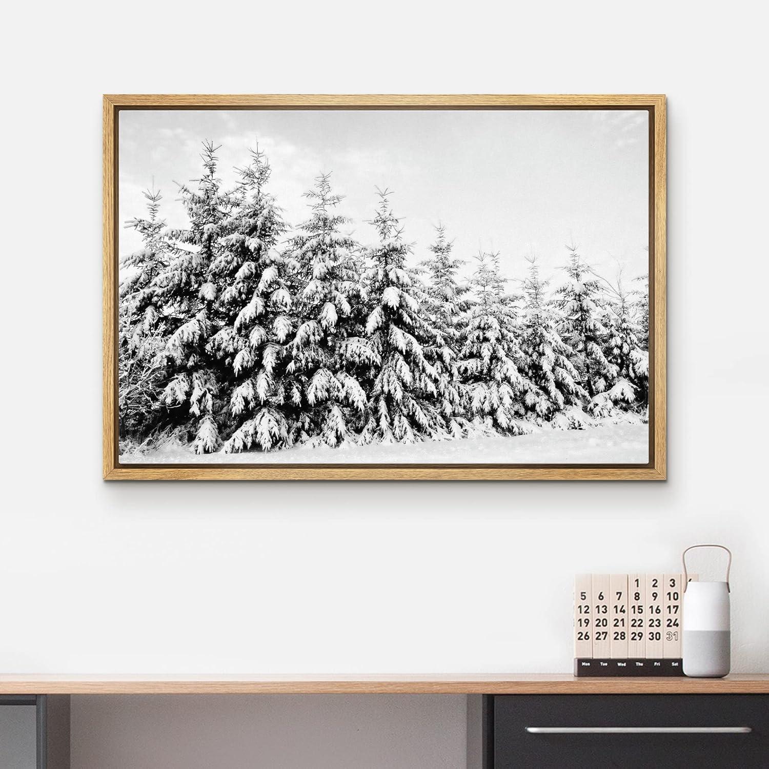 wall26 Framed Canvas Print Wall Art Snow Covered Trees in The Winter Forest Floral Nature Photography Realism Expressive Dark Black and White for Living Room, Bedroom, Office - 24"x36" Natu