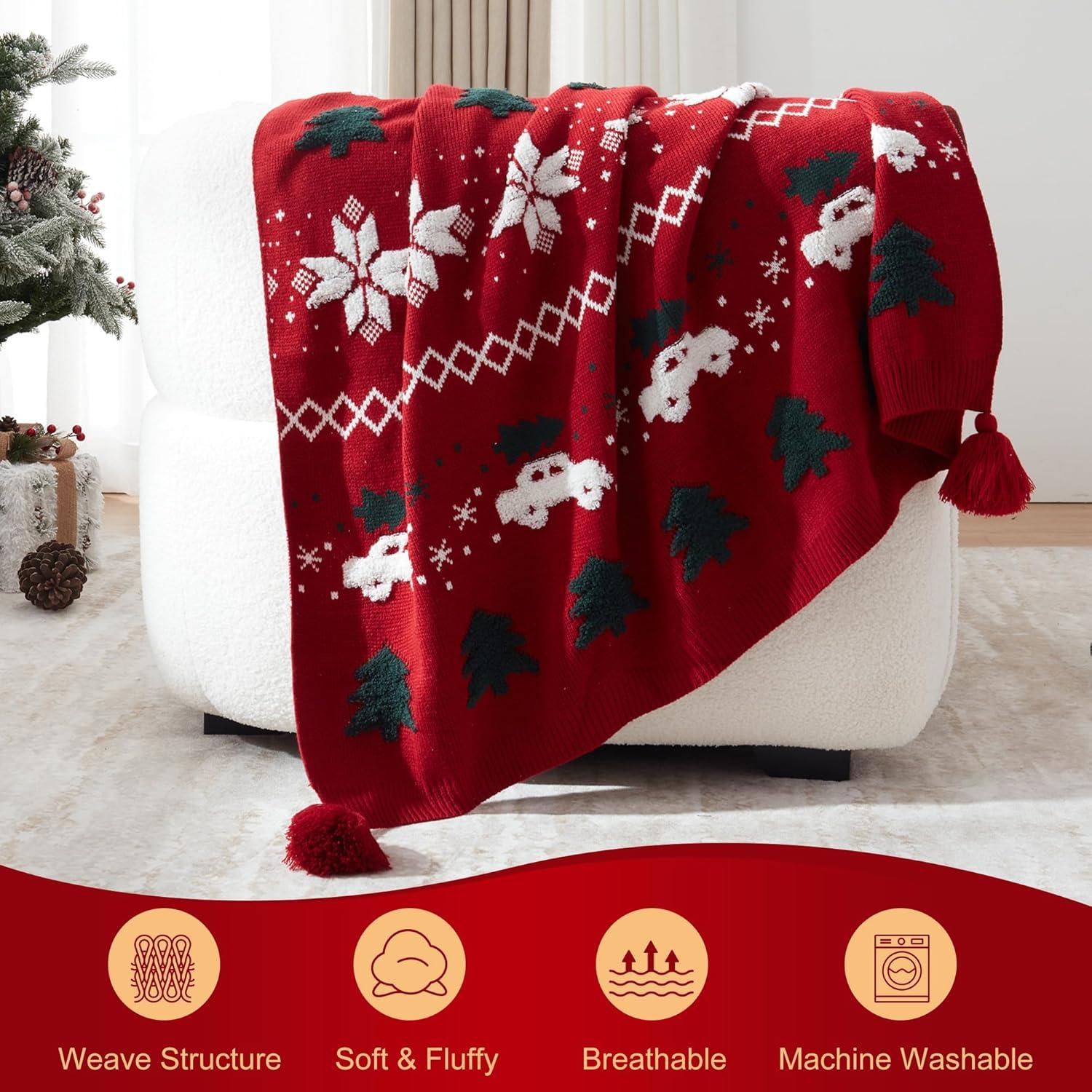 Walensee Christmas Throw Blanket, Ultra Soft Knit Blanket for Couch Sofa Bed Travel, Lightweight Warm Decorative Throw Blanket, Perfect Holiday Theme Décor and Gift (50"x60", Red Car)