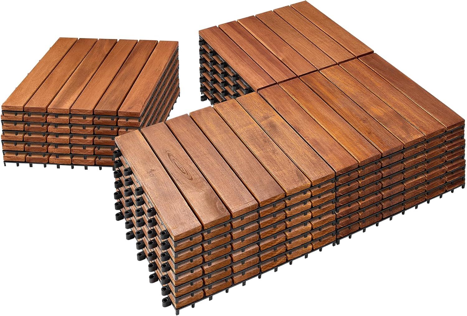 Natural Acacia Wood Interlocking Deck Tiles with Water Protection, 27 Pack