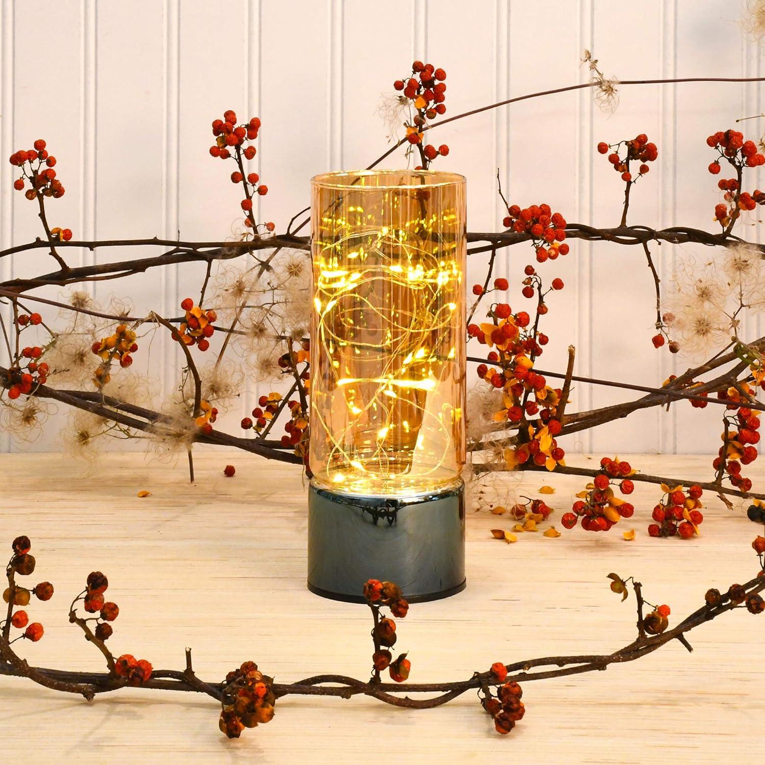 Amber Glass Hurricane Lantern with Fairy String Lights