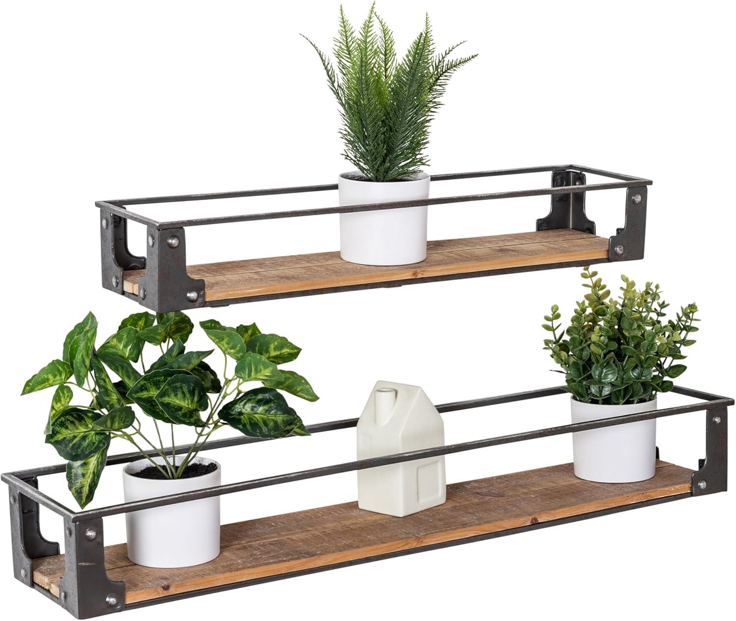 Honey-Can-Do Metal and Wood Wall Shelves: Rustic Floating Shelves, Decorative Steel Frame, 2-Tier, 10lb Capacity, Brown