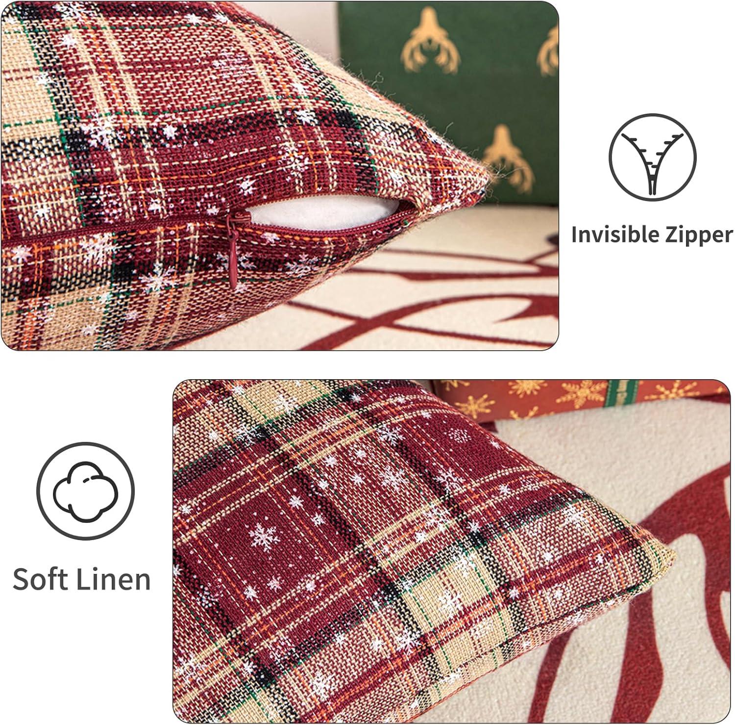 Red and Beige Tartan Plaid Snowflake 18" Polyester Euro Pillow Covers
