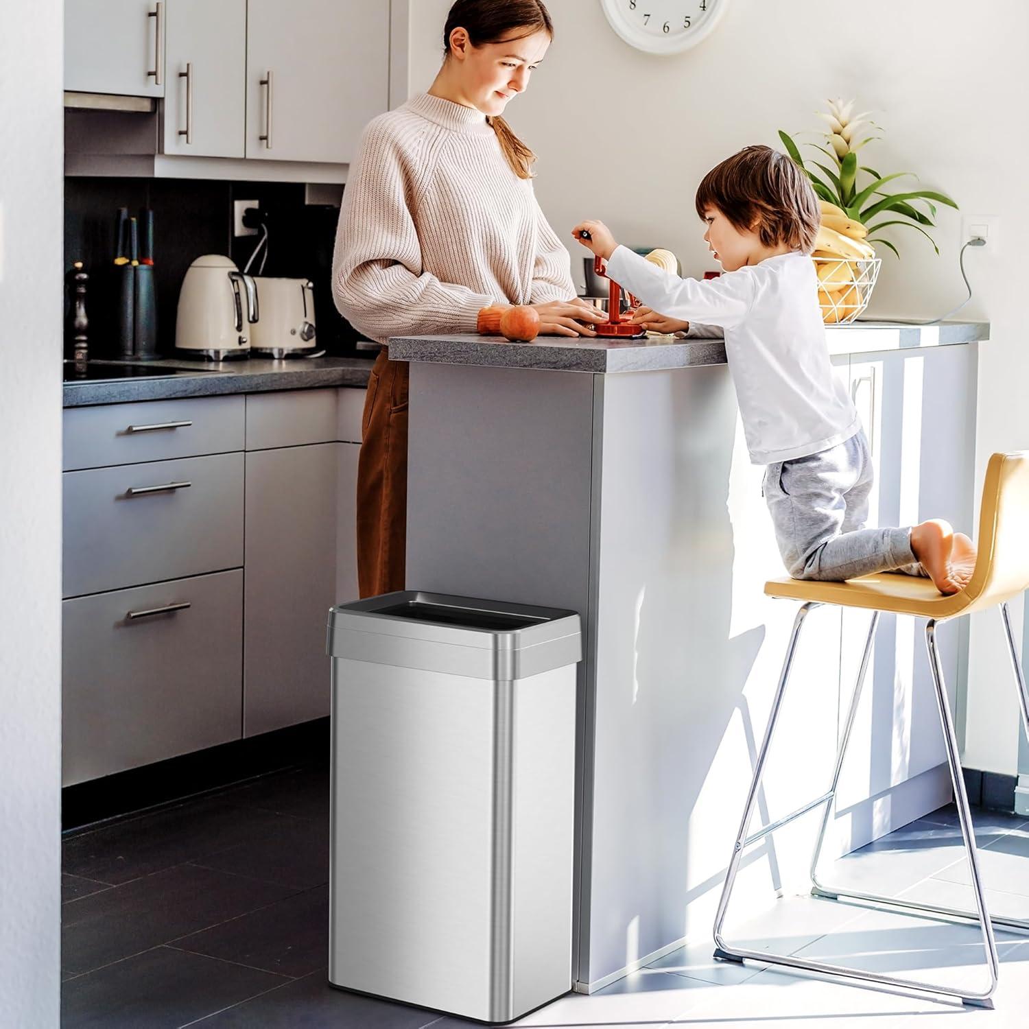 iTouchless Open Top Trash Can with Dual AbsorbX Odor Filters 18 Gallon Silver Stainless Steel
