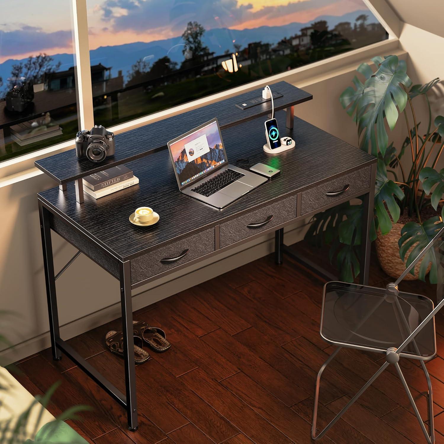 Computer Desk With 3 Drawers, Office Desk Gaming Desk With LED Lights & Power Outlets, Home Office Desks With Storage Space For Bedroom, Work From Home, (47 Inch )