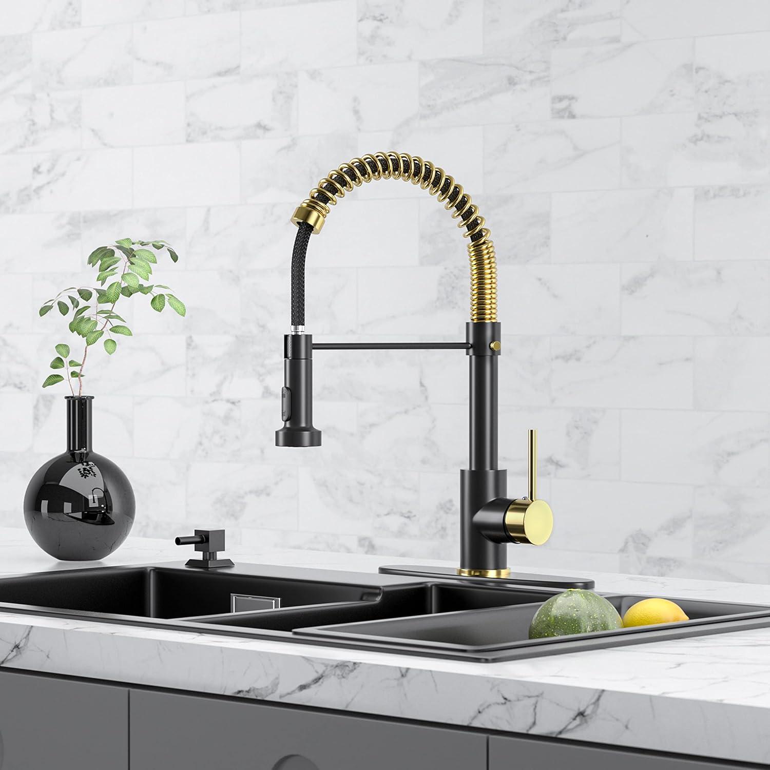 Coliware Kitchen Sink Faucet Brushed Nickel with Pull Down Sprayer, Stainless Steel Spring Kitchen High Arc Commercial Faucets with Deck Plate 1 or 3 Hole
