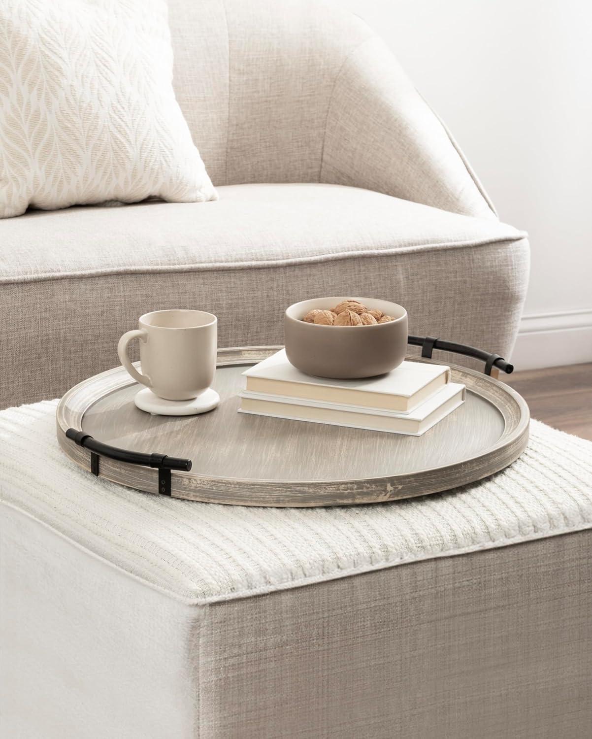 Kate and Laurel Bruillet Farmhouse Wood Round Ottoman Tray, 24 x 22, Rustic Brown, Circle Coffee Table Tray for Living Room Decor or Large Serving Tray