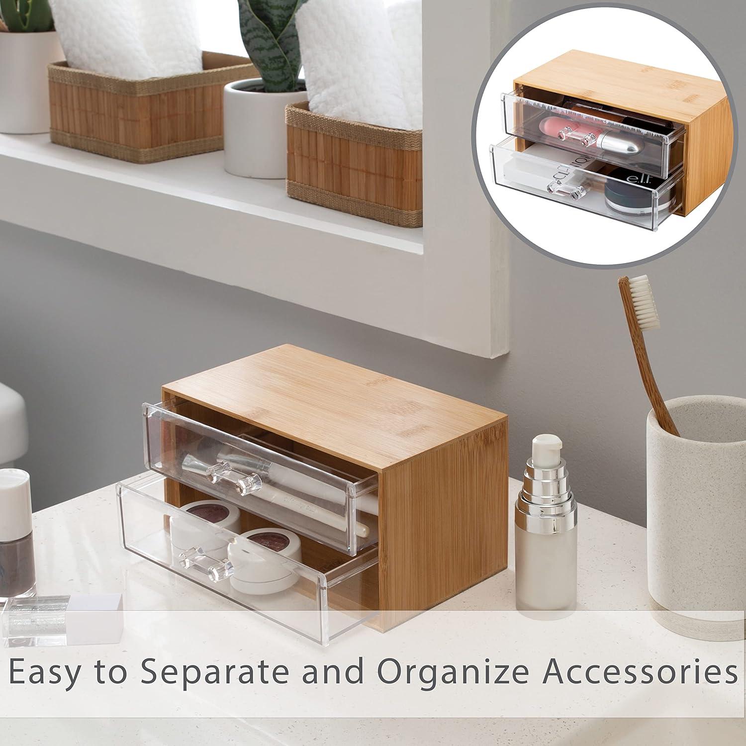 Compact Bamboo and Clear 2-Drawer Cosmetic Organizer