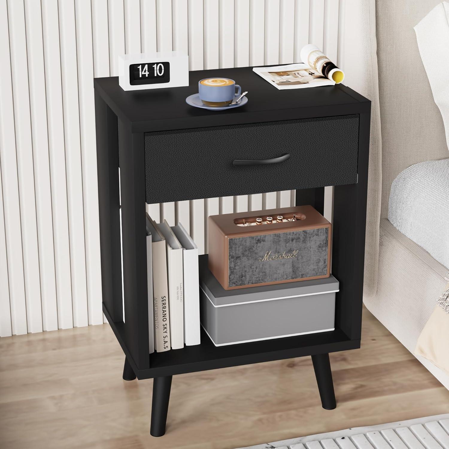 Nightstands Set Of 2 With Fabric Storage Drawer And Open Wood Shelf, Side Table With Storage For Bedroom, Bedside Tables - 23.7" H