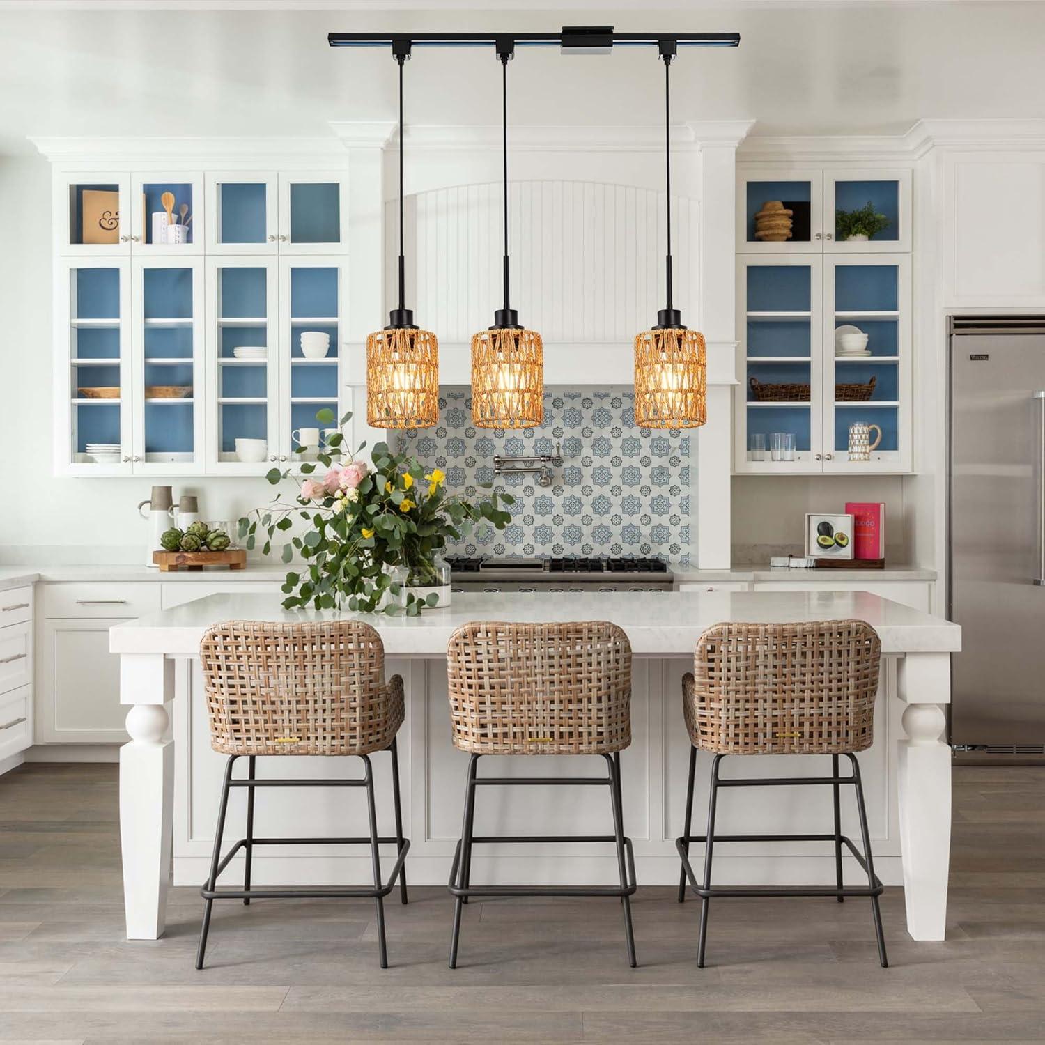 3-Pack H Type Track Lighting Pendants, Ceiling Track Hanging Light Fixture with Hand-Woven Rattan Shade, H-Type Tracking Boho Pendant Lighting Fixtures for Kitchen Island Dining Room, E26 Base