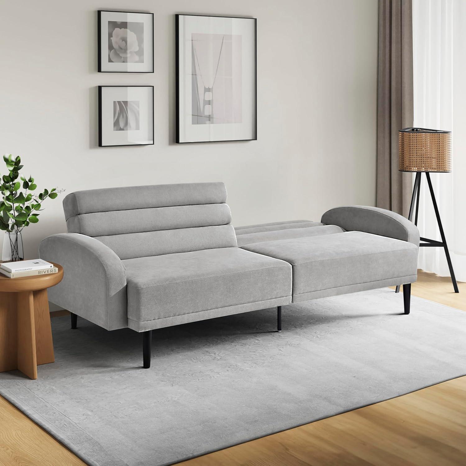 Light Grey Tufted Fabric Convertible Sleeper Sofa with Round Arms