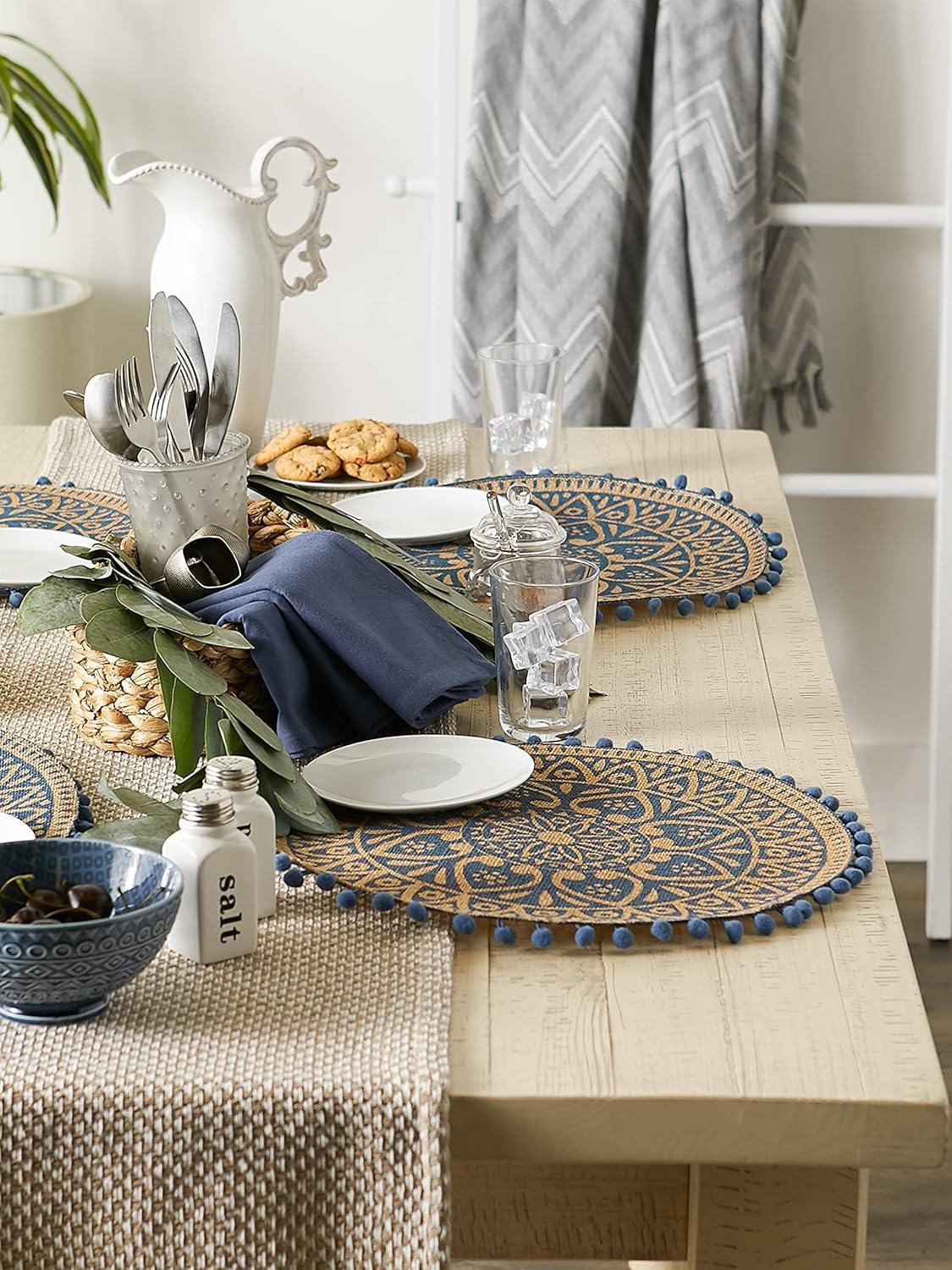 DII Block Print Jute Placemat Set 6 Piece, French Blue Block Print, 15" Dia
