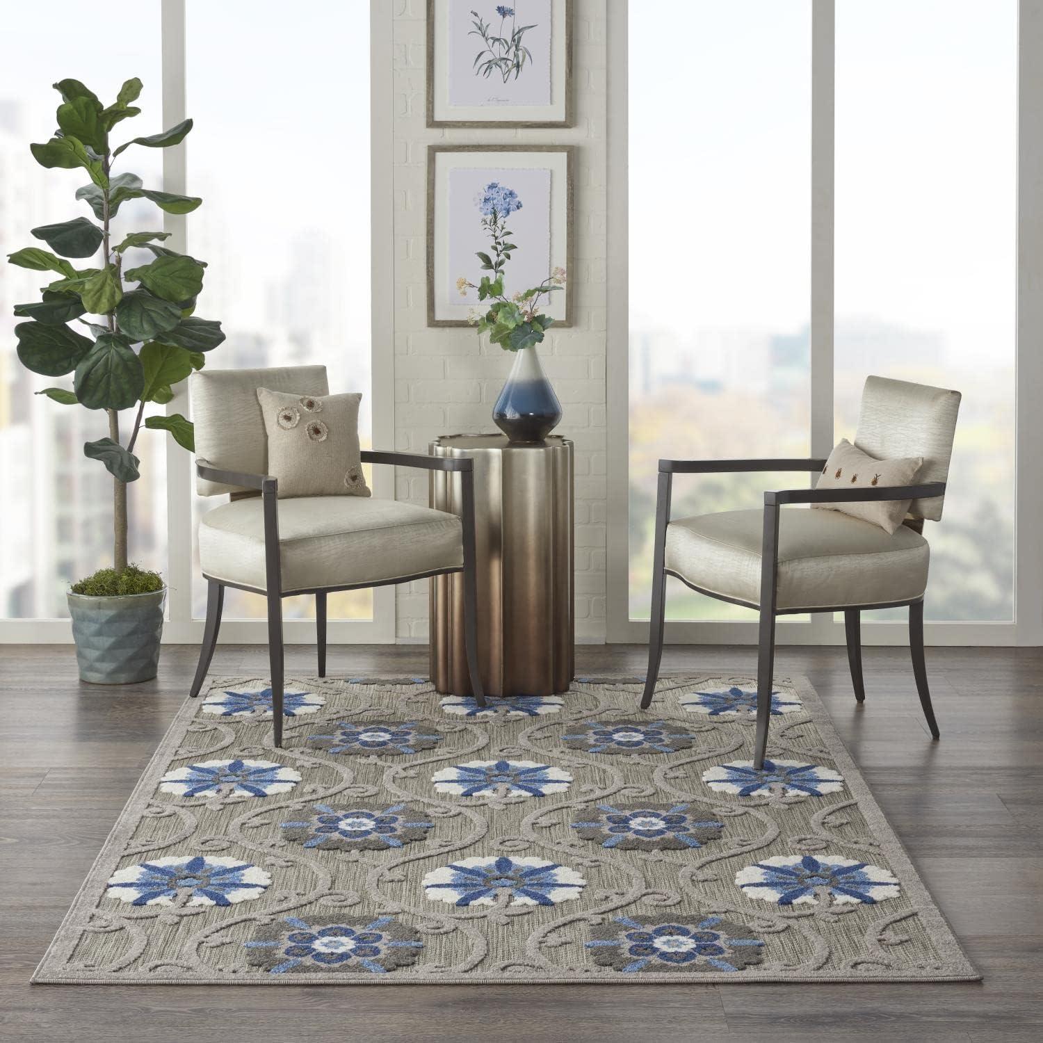 Nourison Aloha Contemporary Floral Flatweave High-Low Indoor Outdoor Area Rug Grey/Blue 3'6" x 5'6"