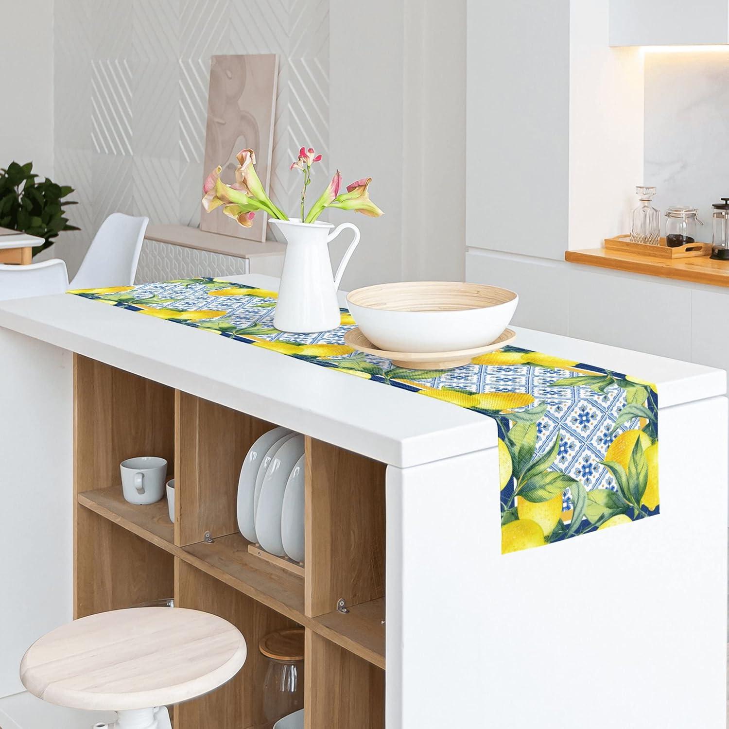 Jbralid Lemon Table Runner Spring Summer Seasonal Yellow Blue Table Runners Farmhouse Kitchen Dining Table Decoration for Indoor Outdoor Home Decor 13x72 Inch